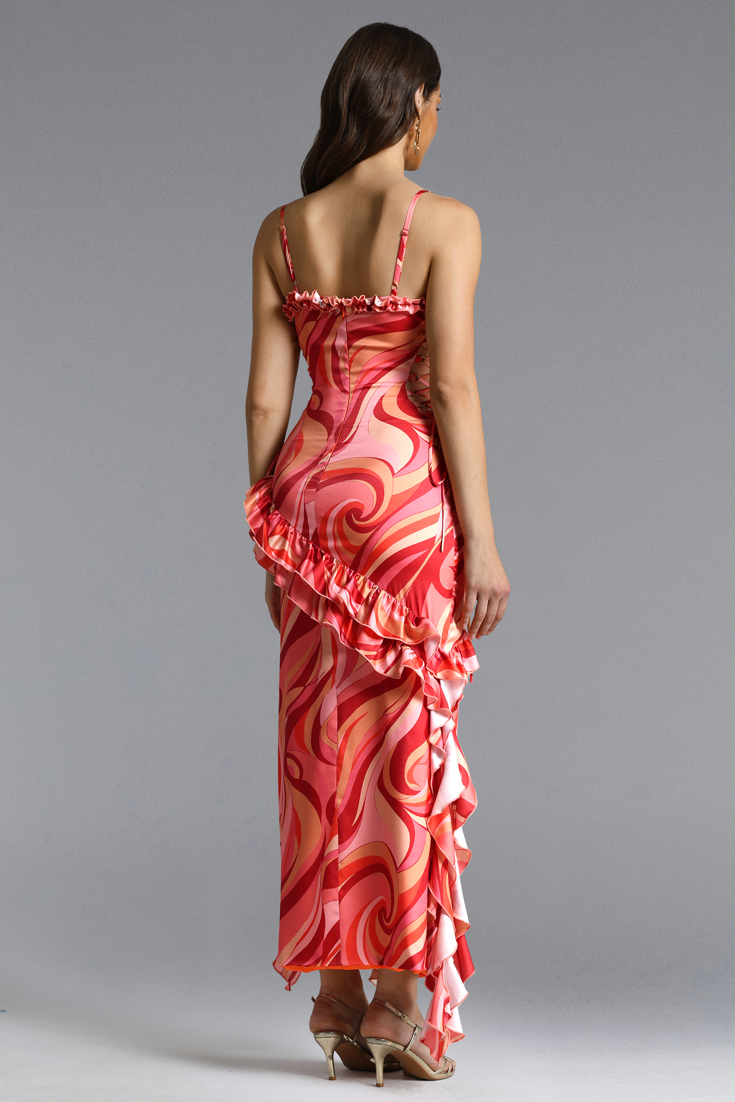 Madge Classic Flowy Ruffle High Slit Ruched Print Maxi Dress