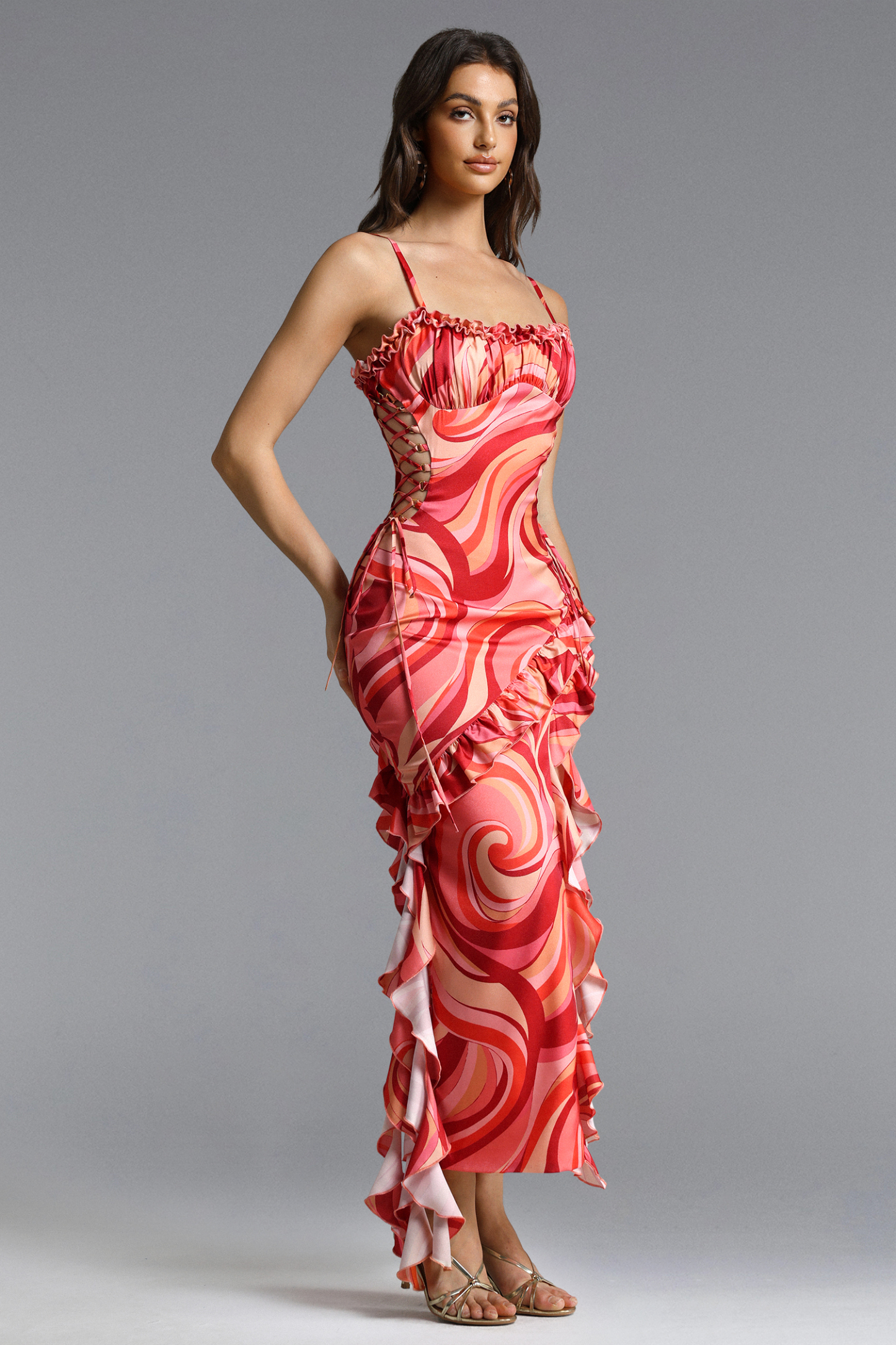 Madge Classic Flowy Ruffle High Slit Ruched Print Maxi Dress