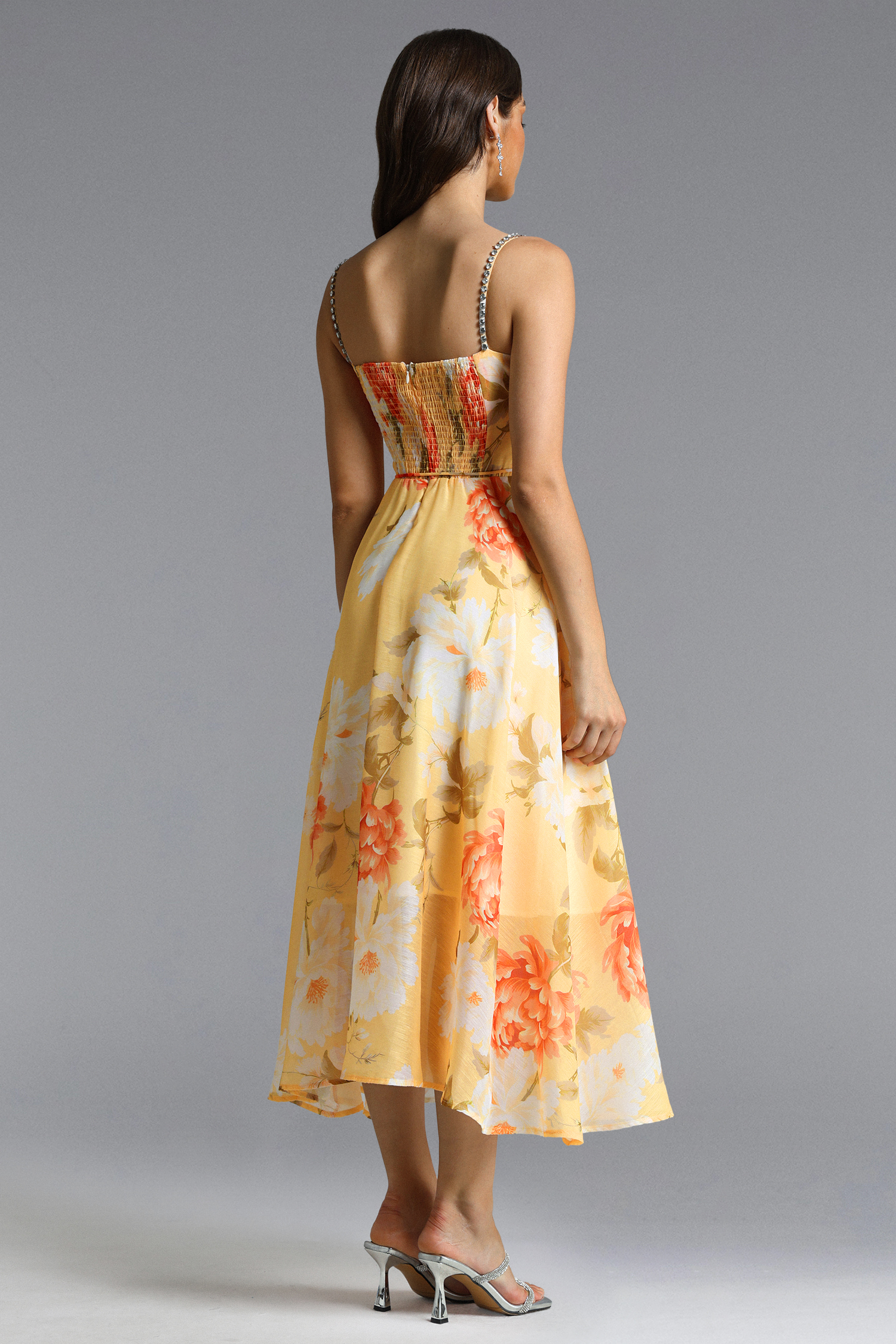Nevaeh Romantic Tailored Rhinestone Floral Print Yellow Maxi Dress