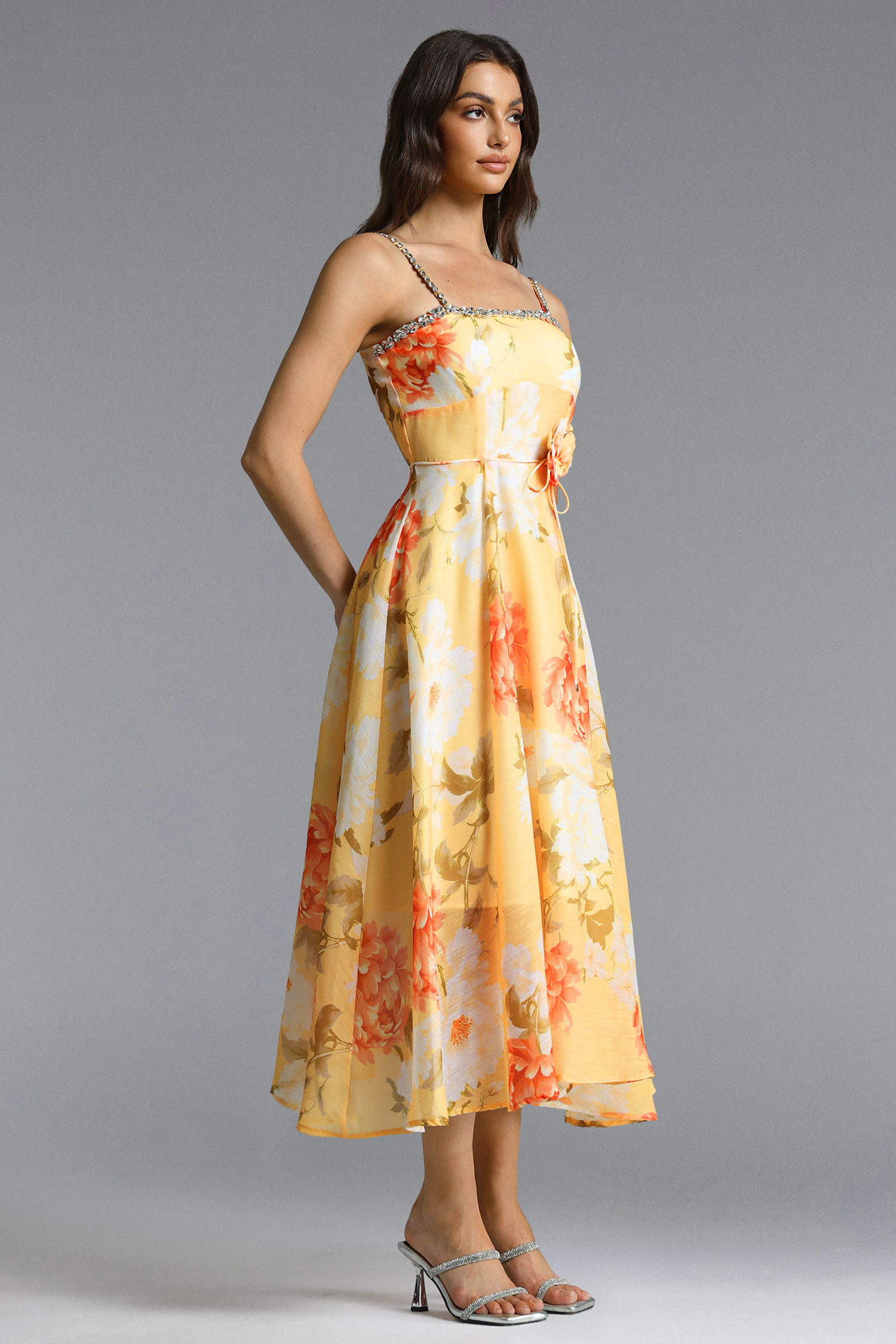 Nevaeh Romantic Tailored Rhinestone Floral Print Yellow Maxi Dress