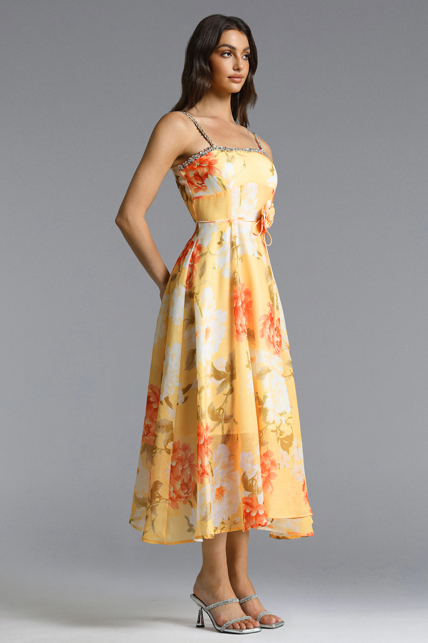 Nevaeh Romantic Tailored Rhinestone Floral Print Yellow Maxi Dress