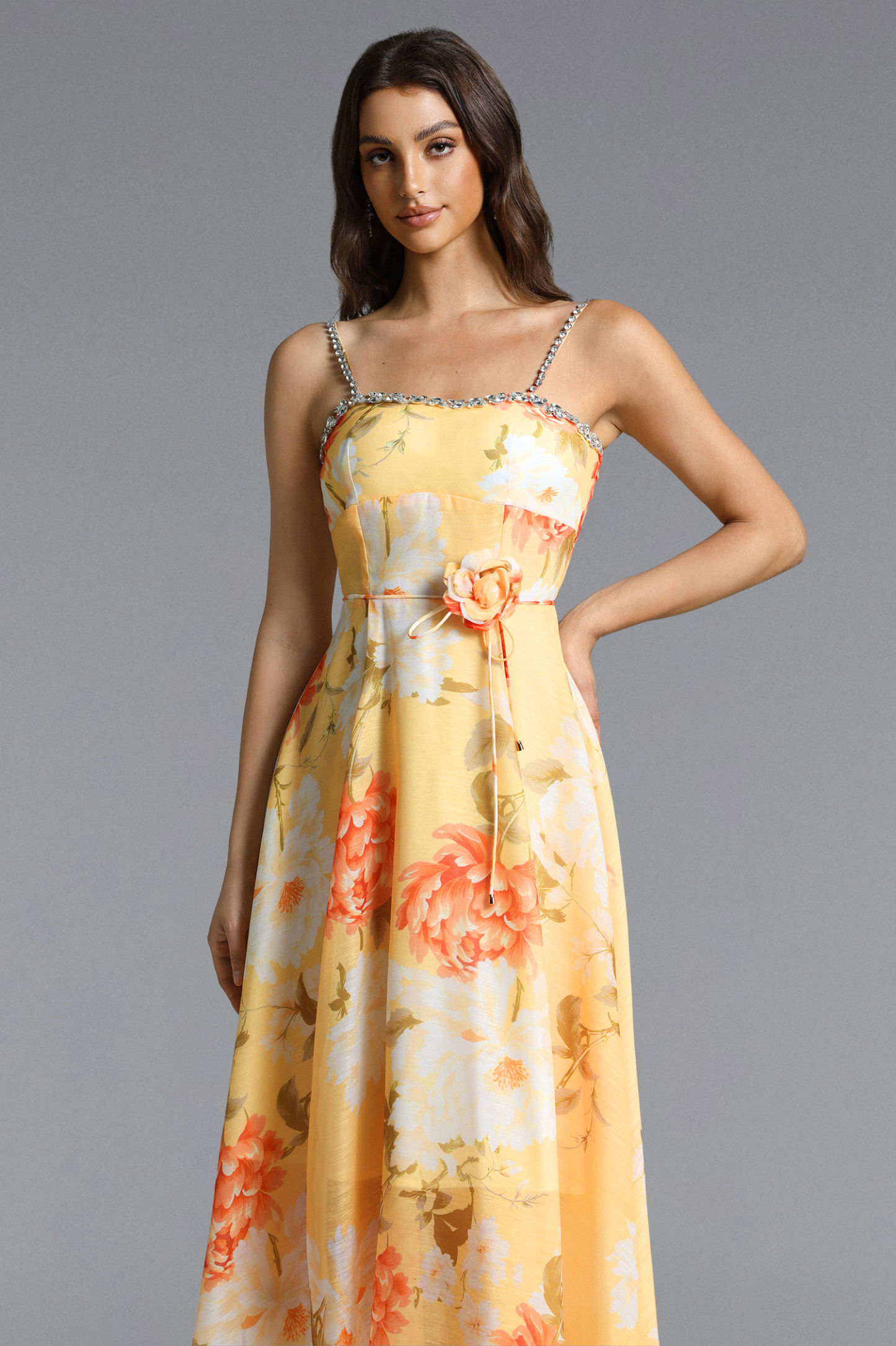Nevaeh Romantic Tailored Rhinestone Floral Print Yellow Maxi Dress