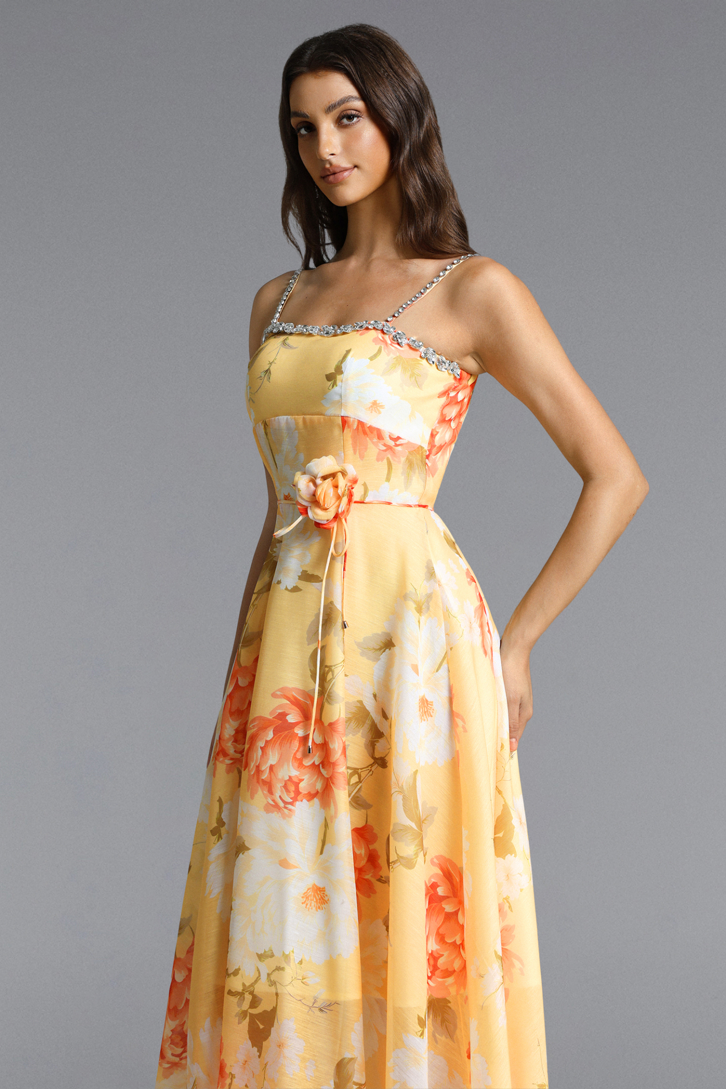 Nevaeh Romantic Tailored Rhinestone Floral Print Yellow Maxi Dress