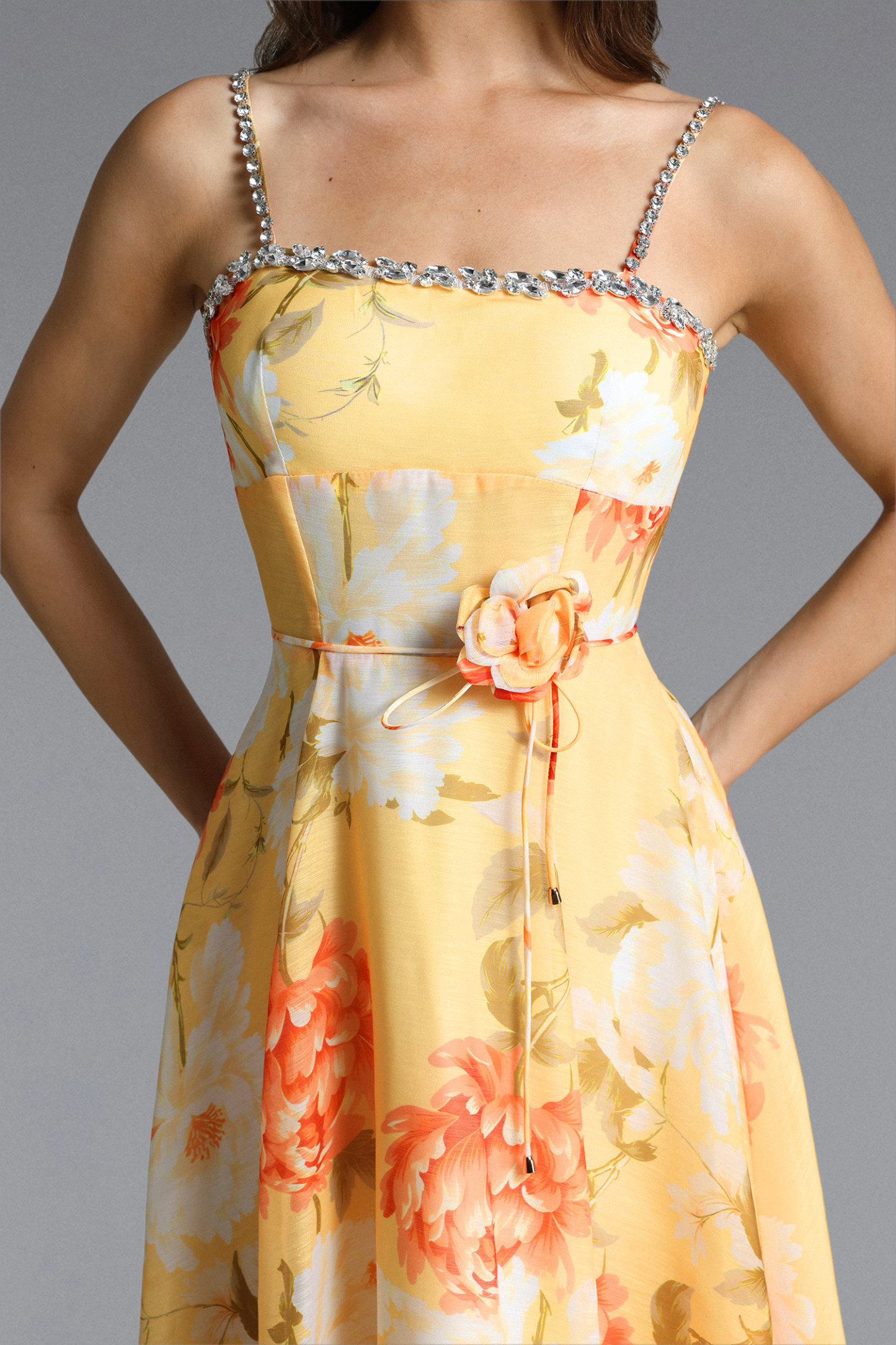 Nevaeh Romantic Tailored Rhinestone Floral Print Yellow Maxi Dress
