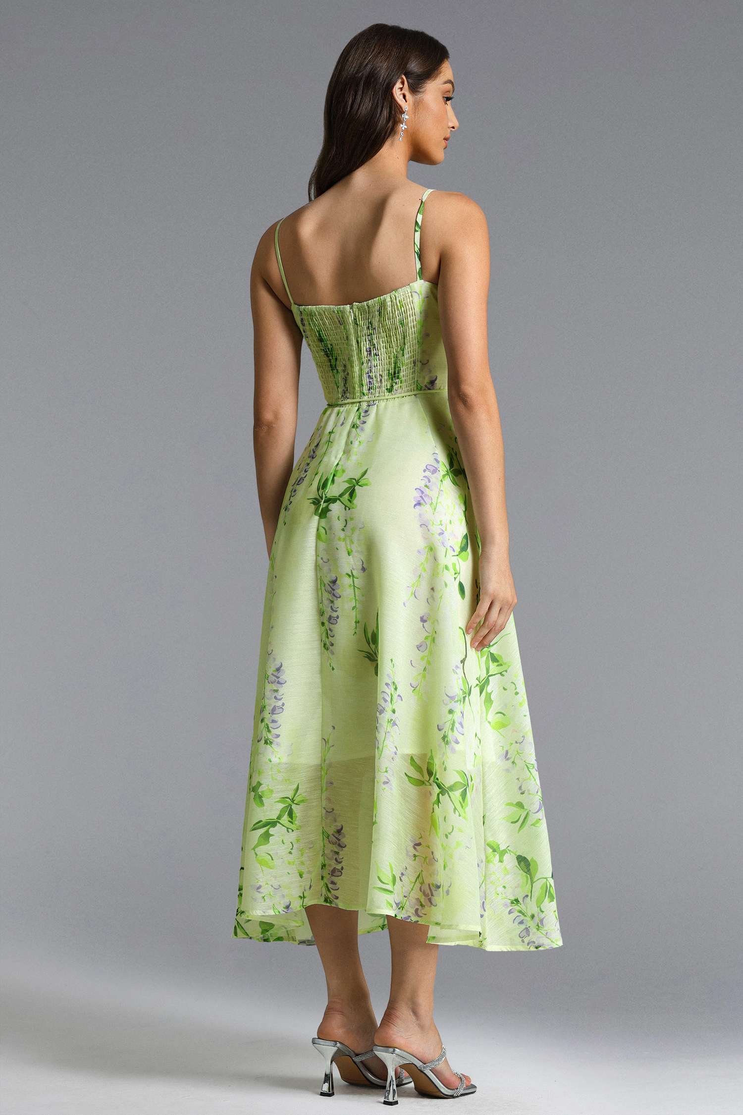Nevaeh Romantic Tailored Rhinestone Floral Print Green Maxi Dress