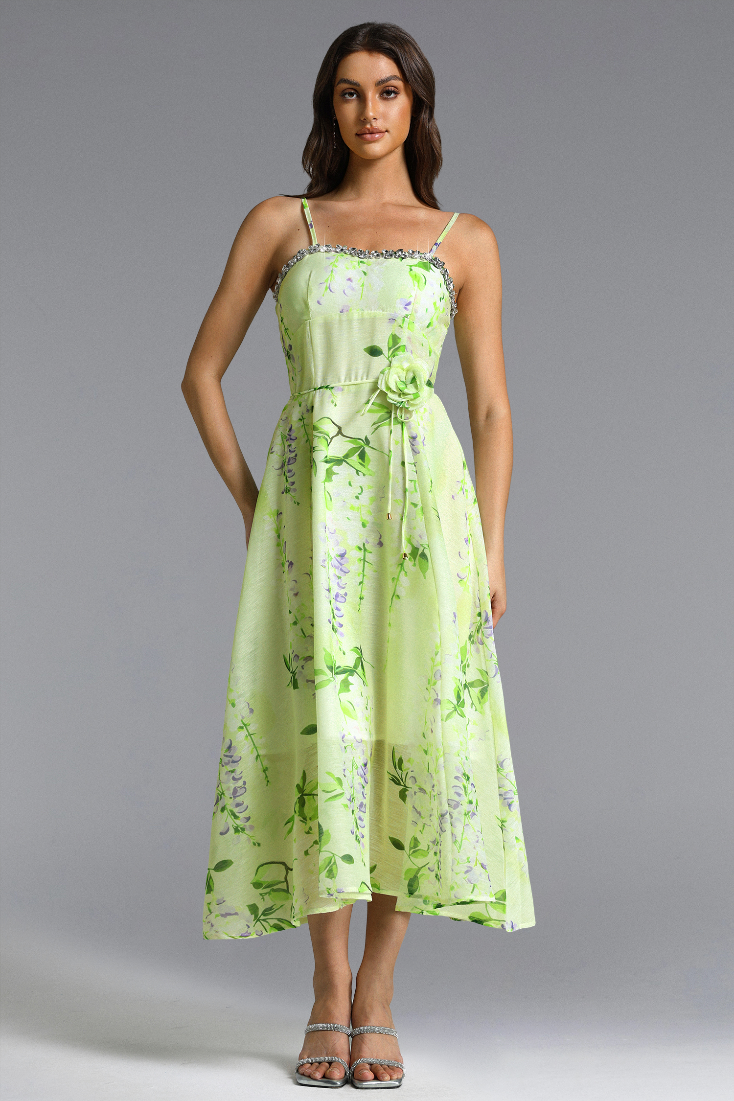 Nevaeh Romantic Tailored Rhinestone Floral Print Green Maxi Dress