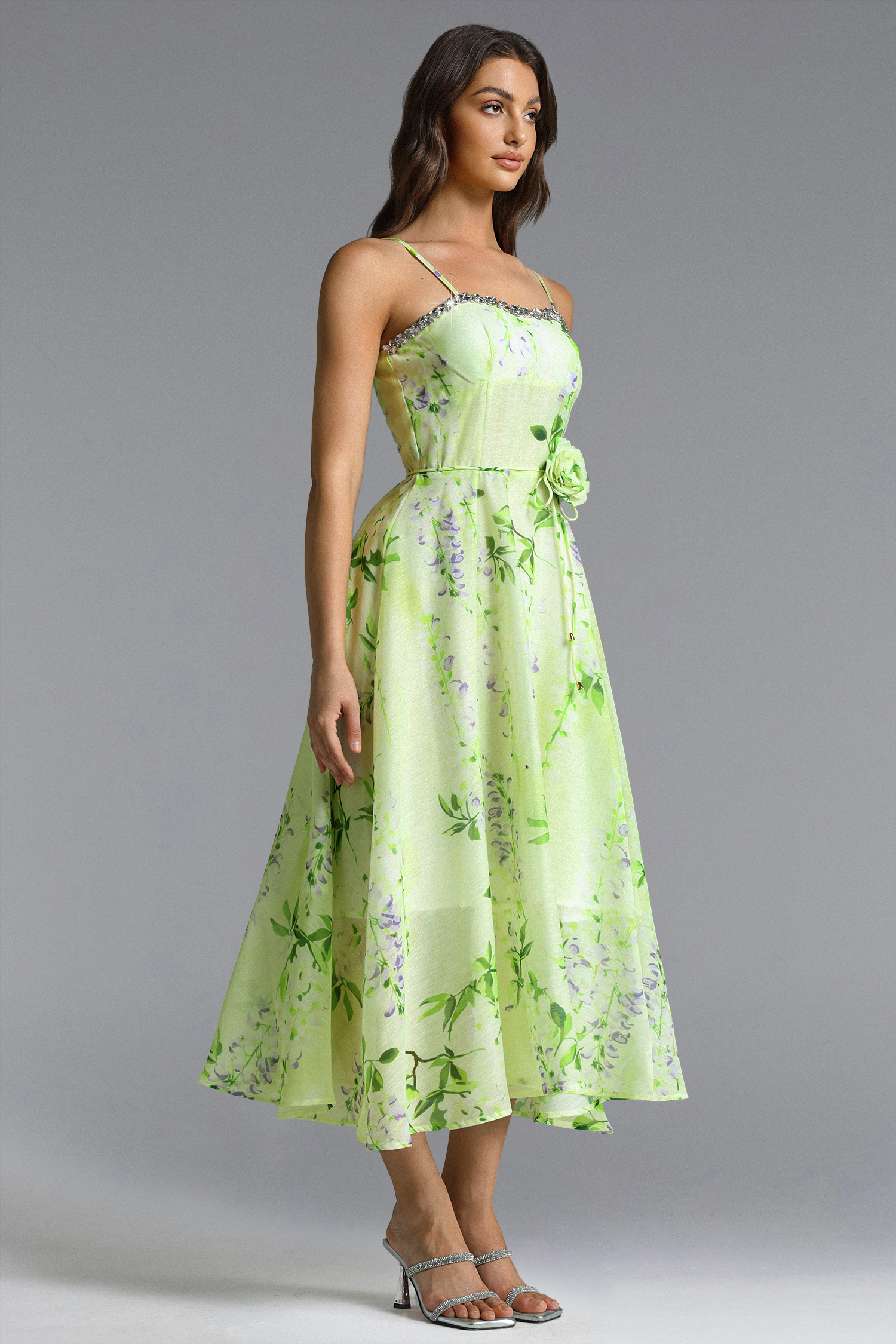 Nevaeh Romantic Tailored Rhinestone Floral Print Green Maxi Dress