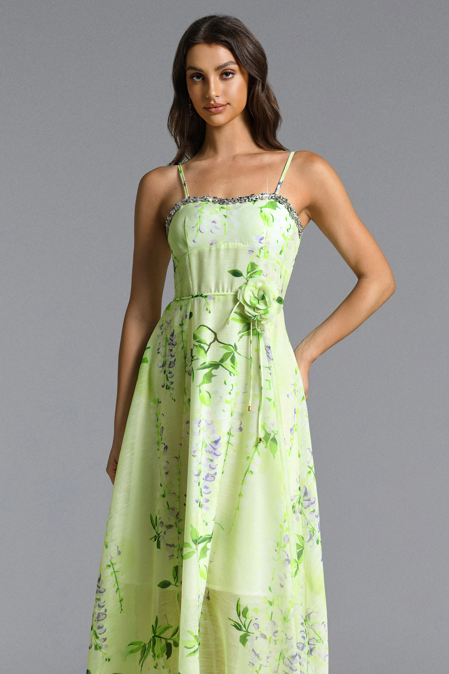 Nevaeh Romantic Tailored Rhinestone Floral Print Green Maxi Dress