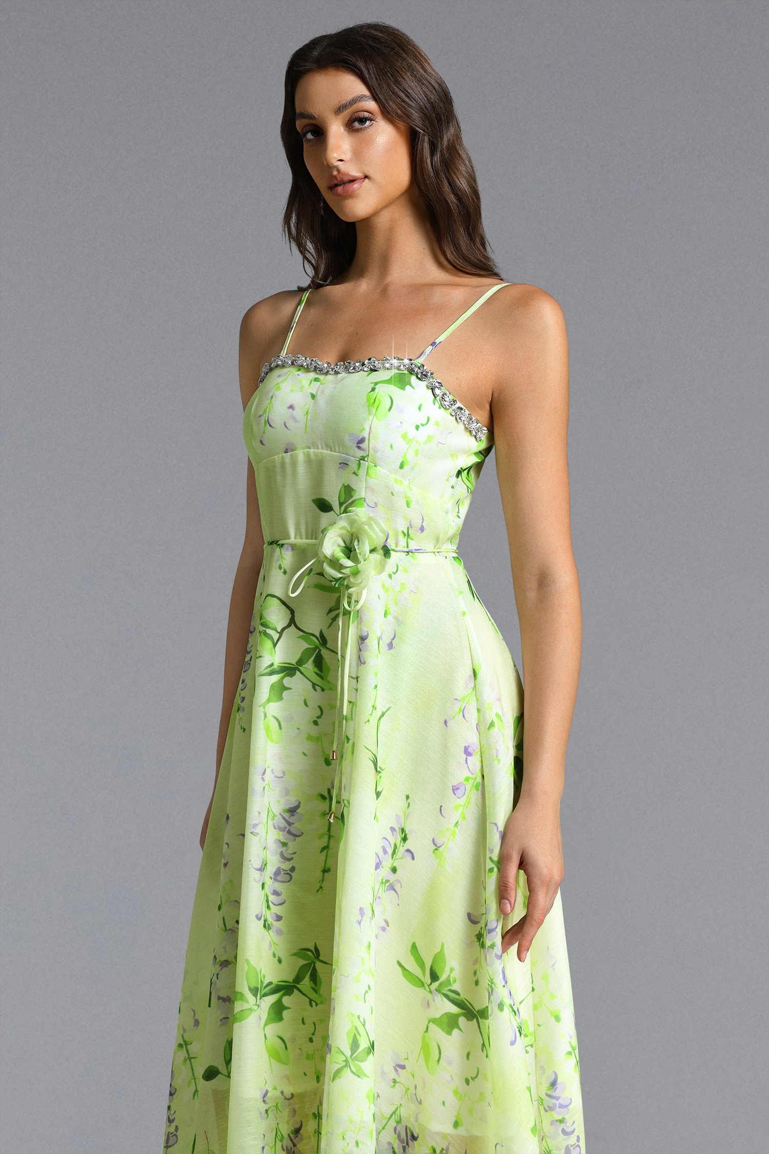 Nevaeh Romantic Tailored Rhinestone Floral Print Green Maxi Dress