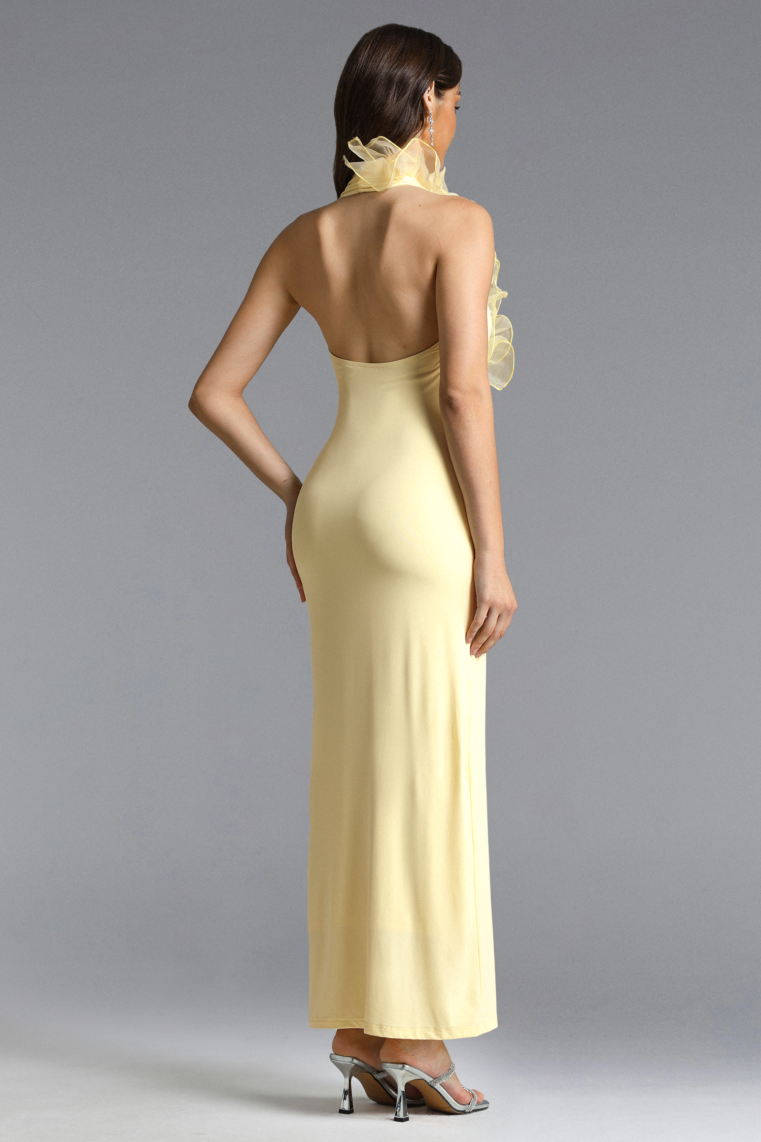 Dotte Chic Contour Halter Deep V Ruffle Knit Maxi Dress