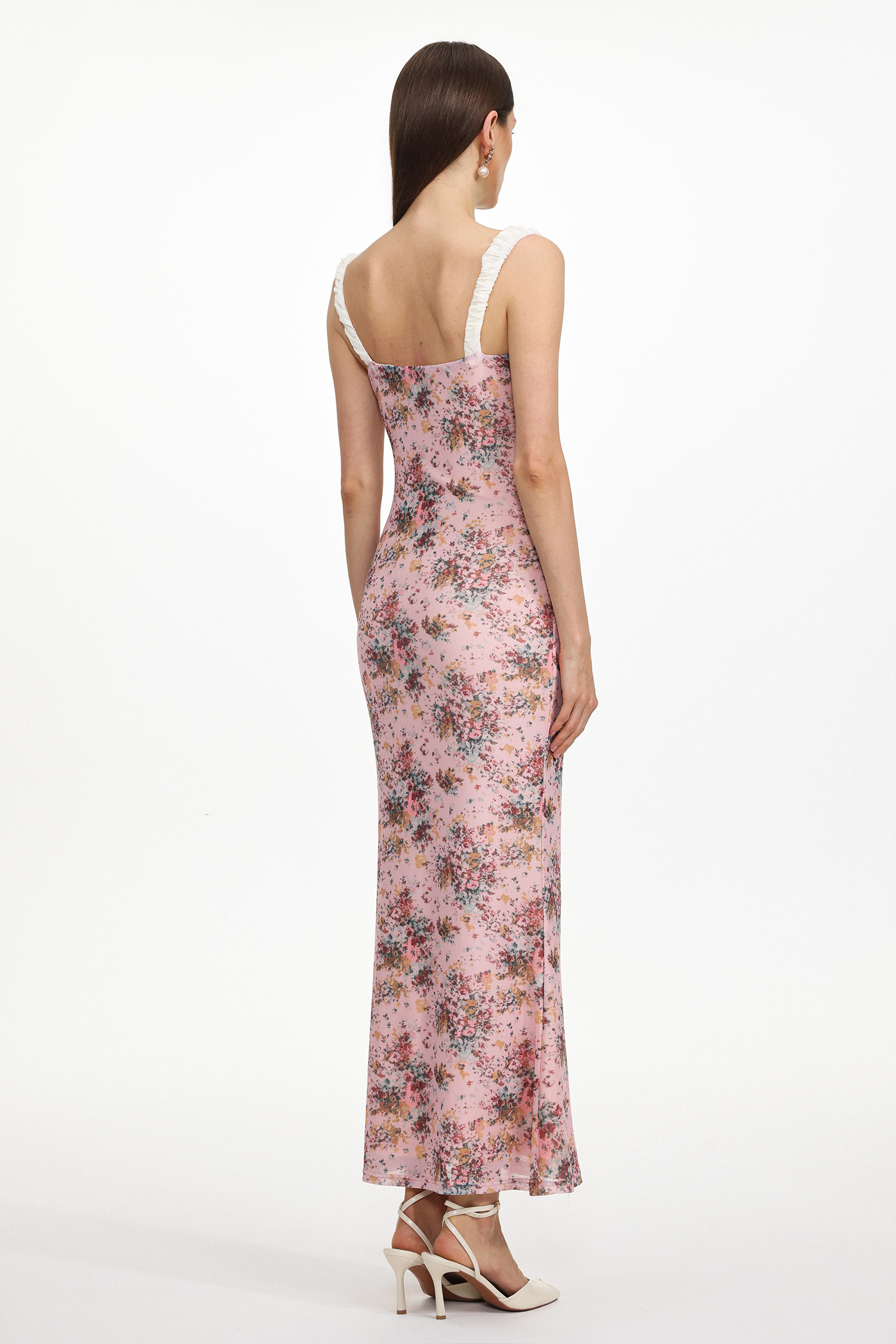 Ode Resort Flowy Contour Sleeveless Floral Print Mesh Maxi Dress