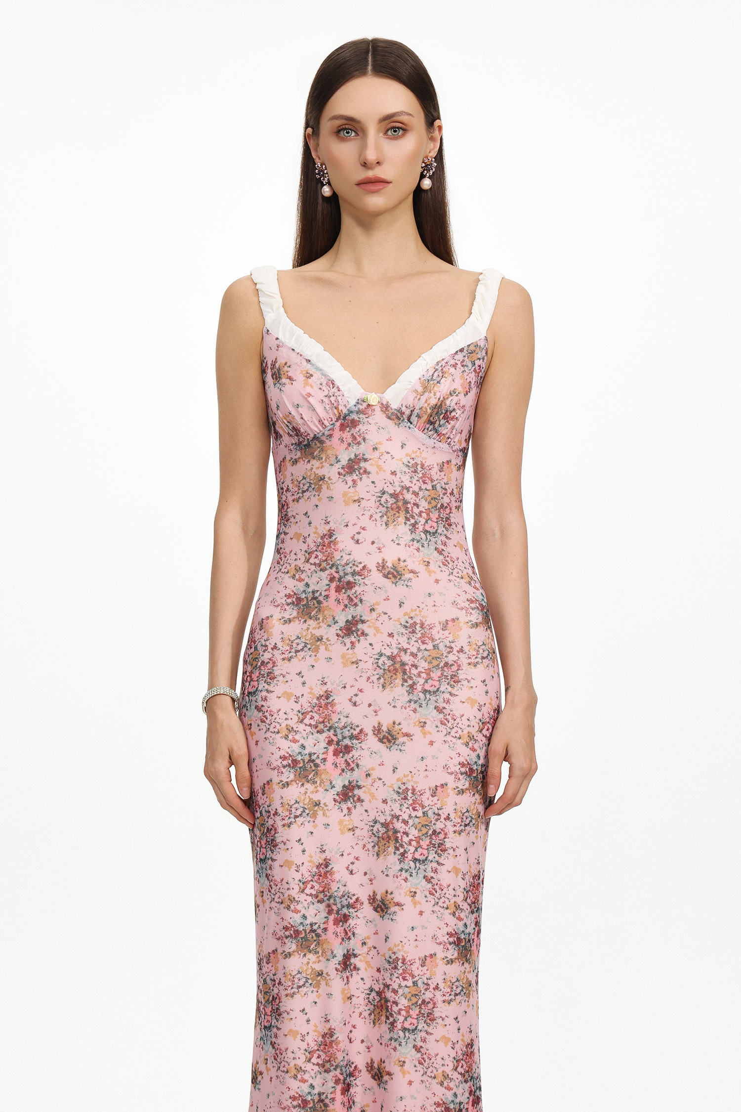 Ode Resort Flowy Contour Sleeveless Floral Print Mesh Maxi Dress