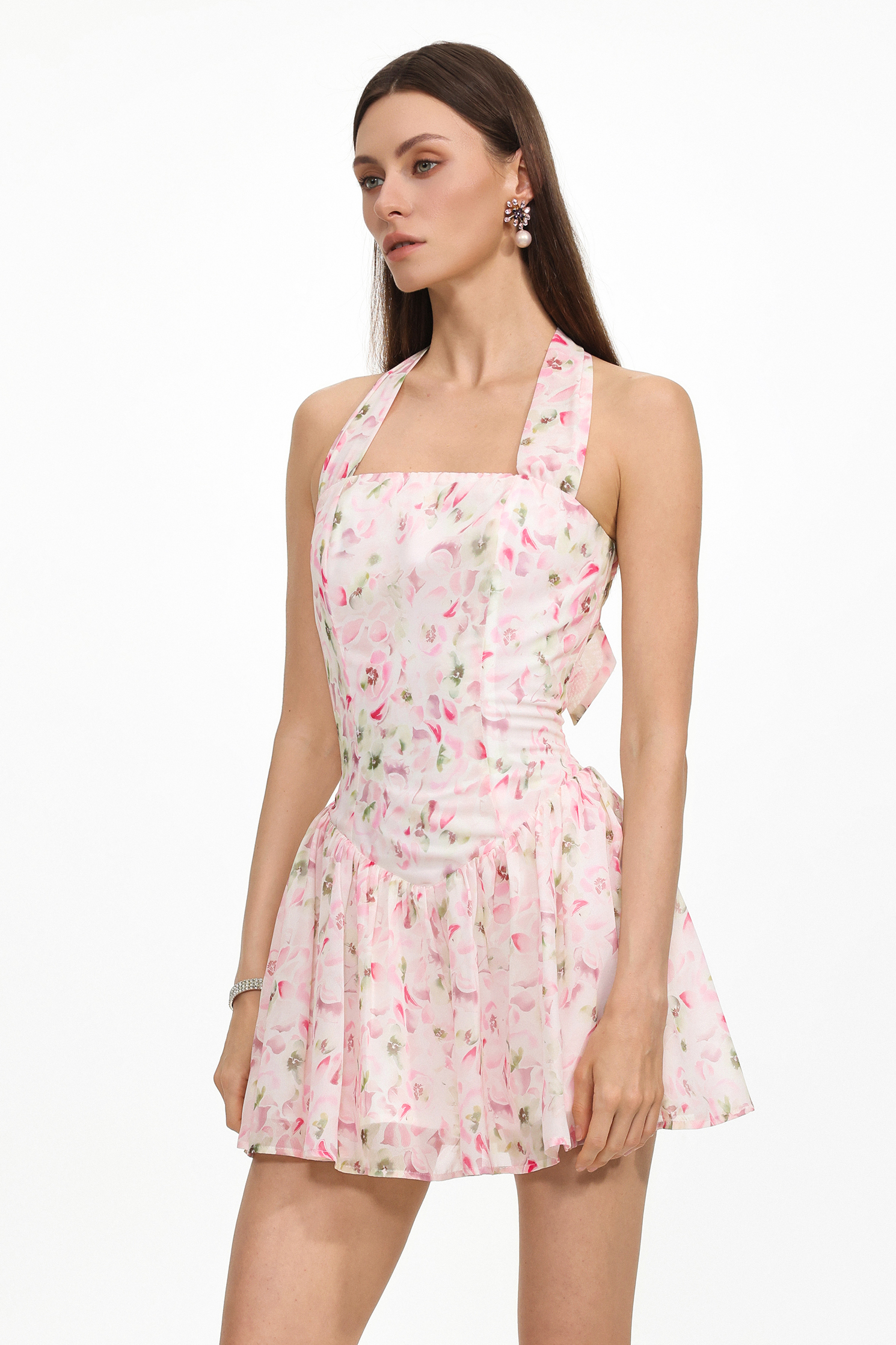 Talia Resort Flowy Sleeveless Floral Print Ruched Chiffon Mini Dress