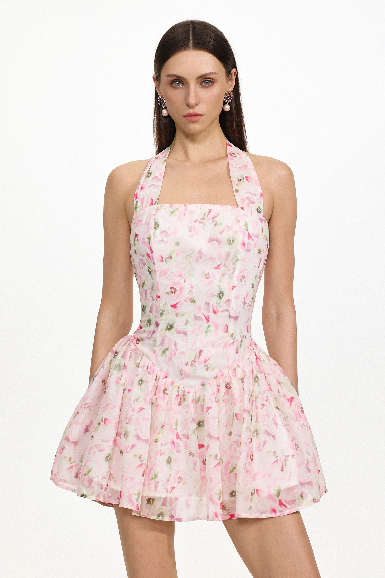 Talia Resort Flowy Sleeveless Floral Print Ruched Chiffon Mini Dress