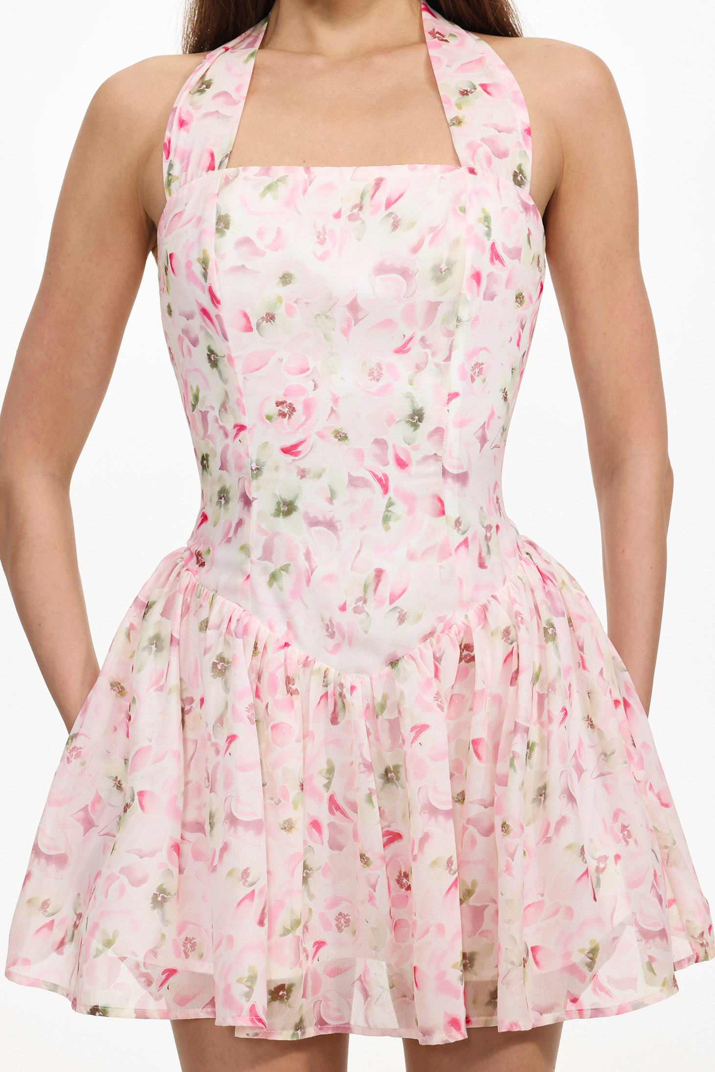 Talia Resort Flowy Sleeveless Floral Print Ruched Chiffon Mini Dress