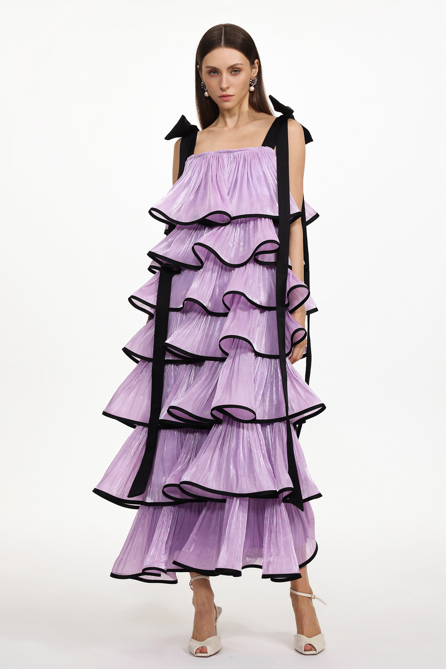 Uareni Resort Flowy Bow Strap Pleated Organza Maxi Dress