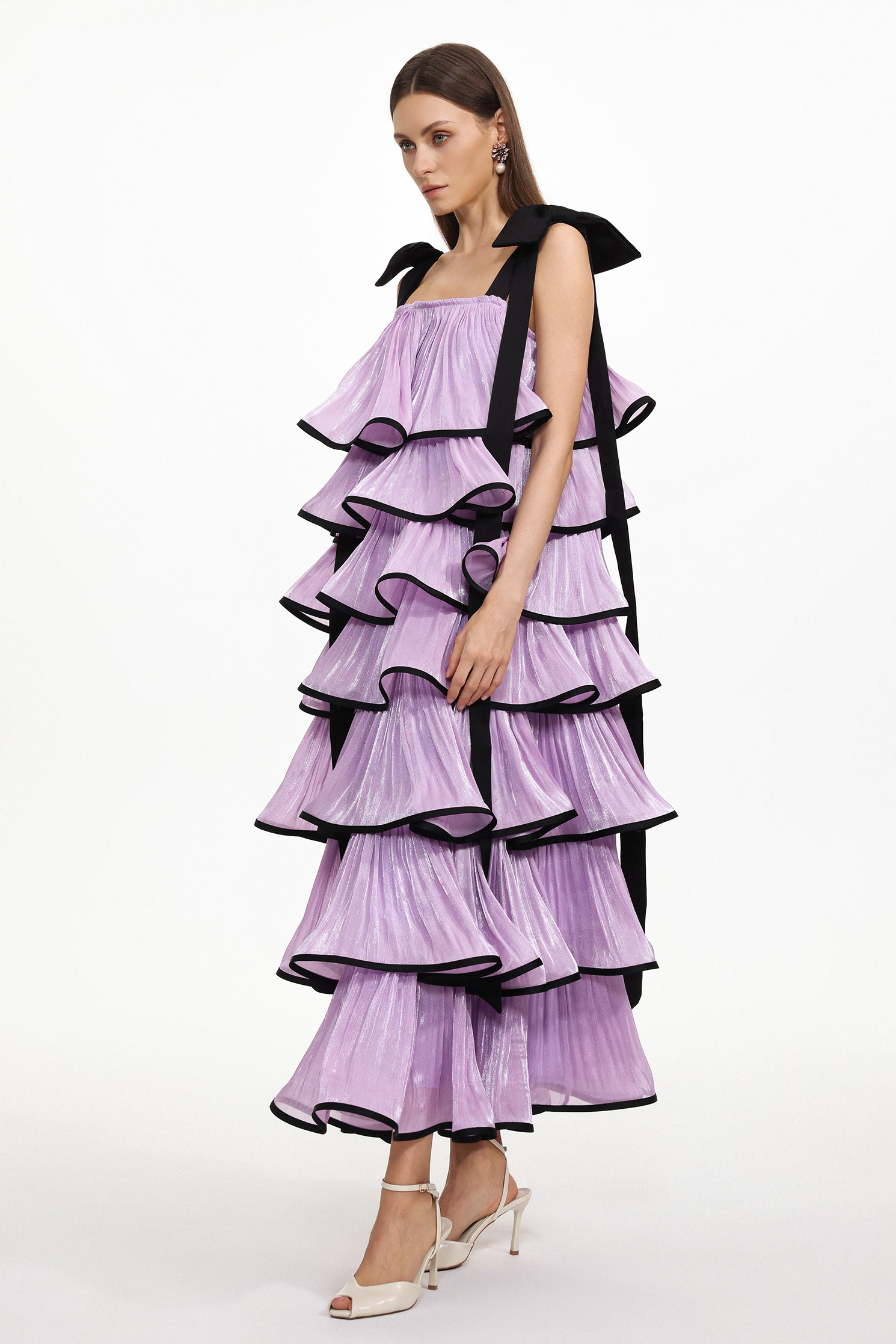 Uareni Resort Flowy Bow Strap Pleated Organza Maxi Dress