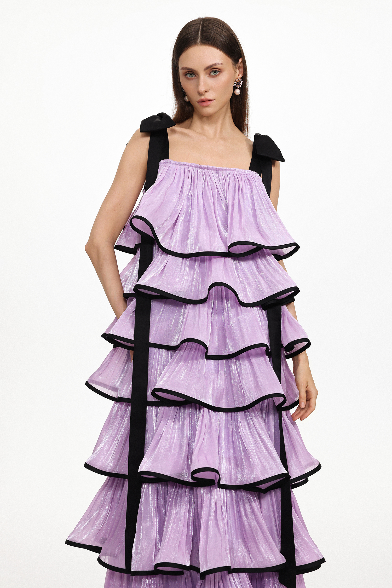 Uareni Resort Flowy Bow Strap Pleated Organza Maxi Dress