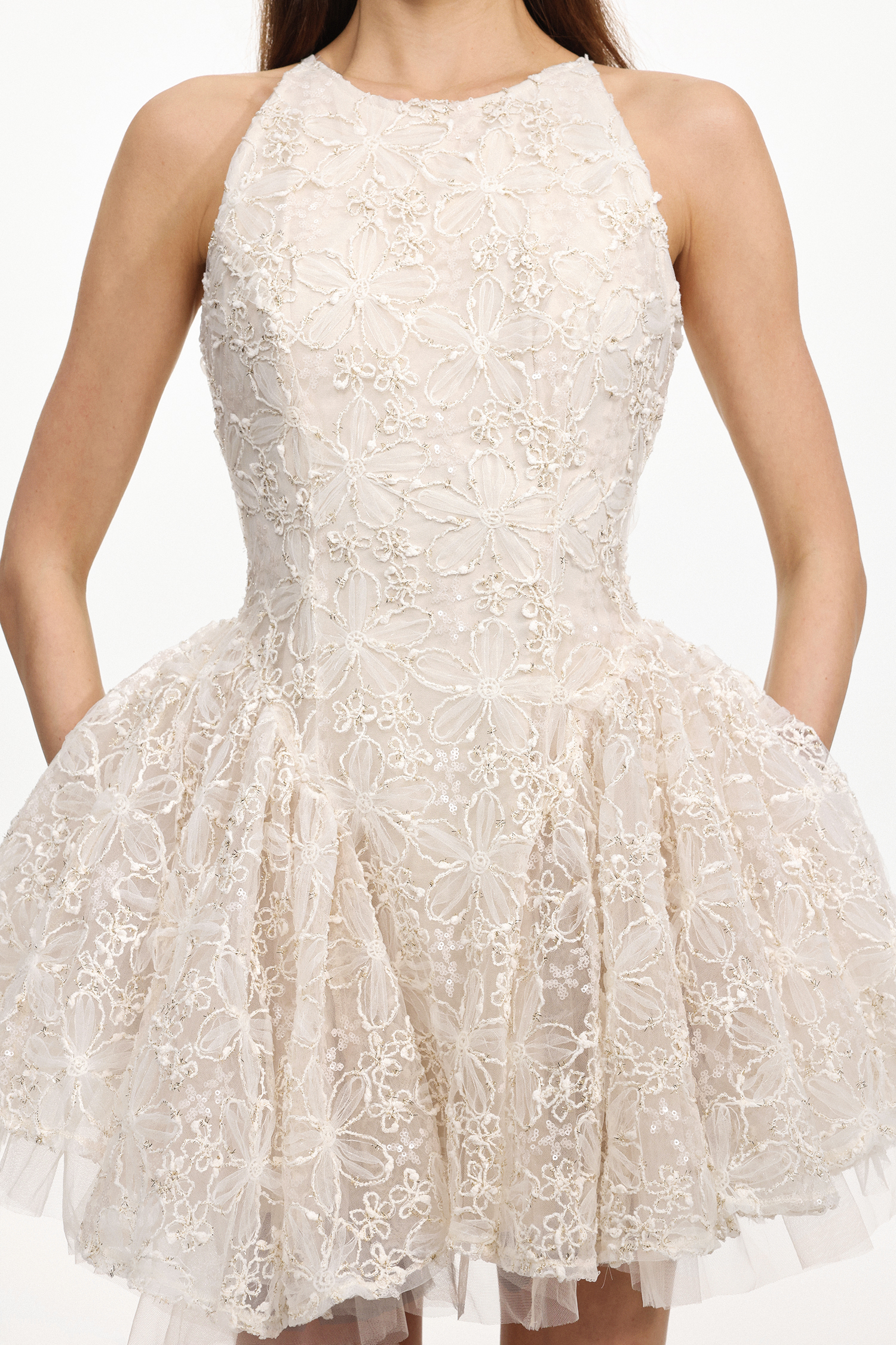 Janetta Resort Round Neck Sleeveless Floral Woven Mini Dress