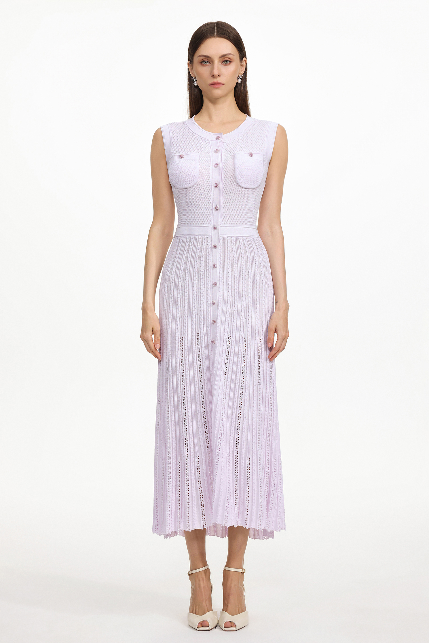 Panra Classic Contour Round Neck Sleeveless Pleated Knit Maxi Dress