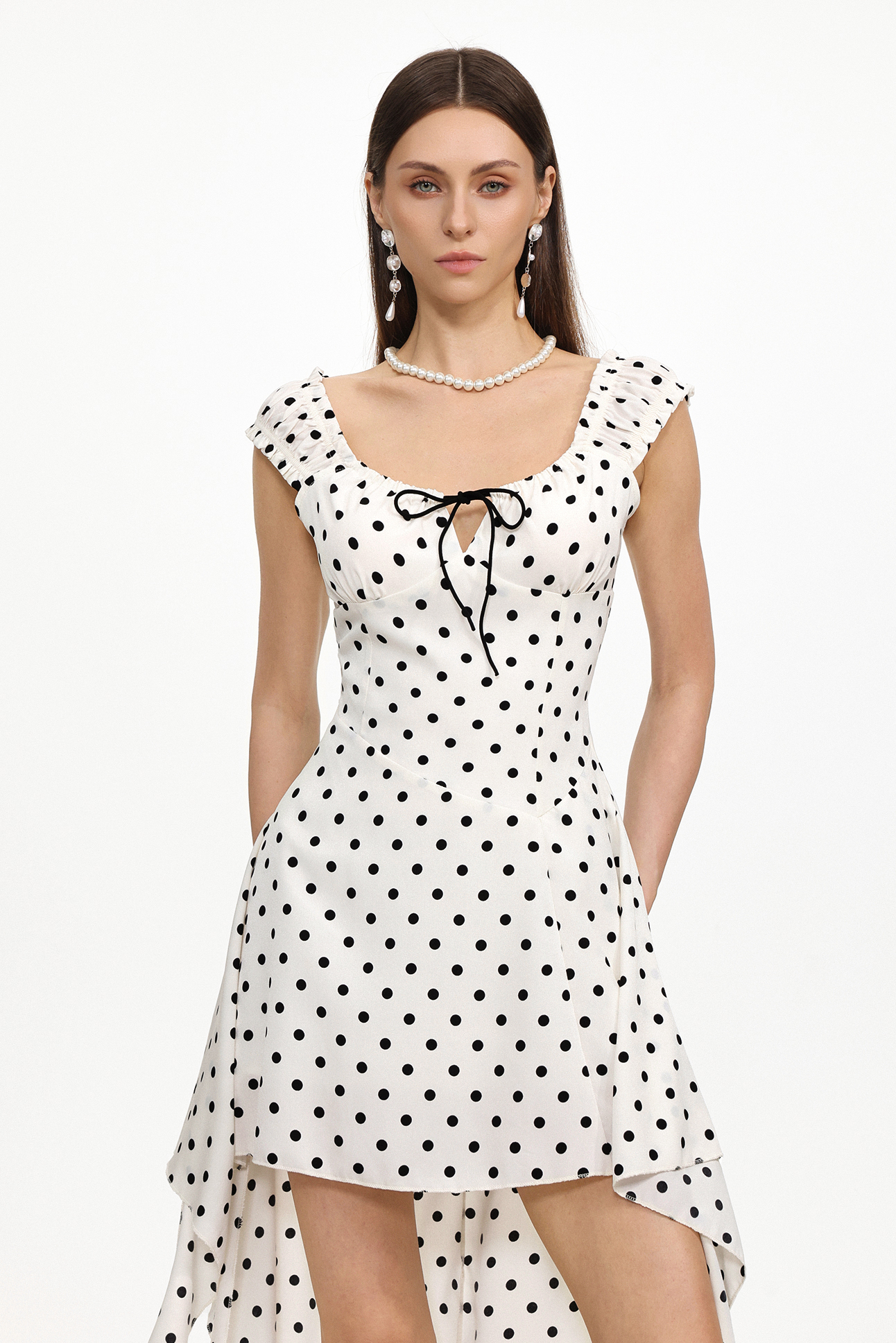 Fennel Resort Flowy Sleeveless Bow Polka Dot Chiffon Mini Dress
