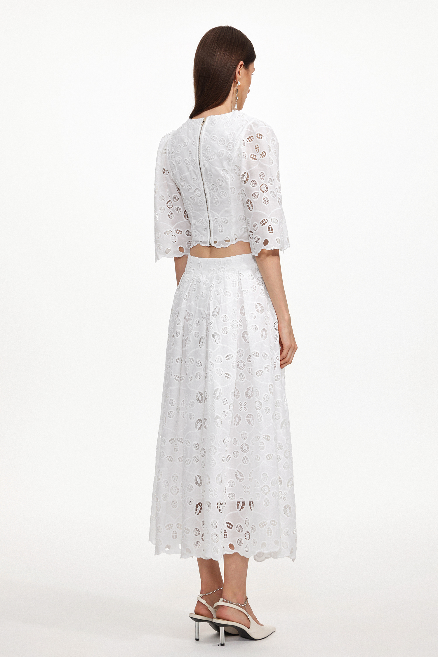 Evey Resort Flowy Round Neck Short Sleeve Cut Out Woven Top and Skirt Two Piece Set