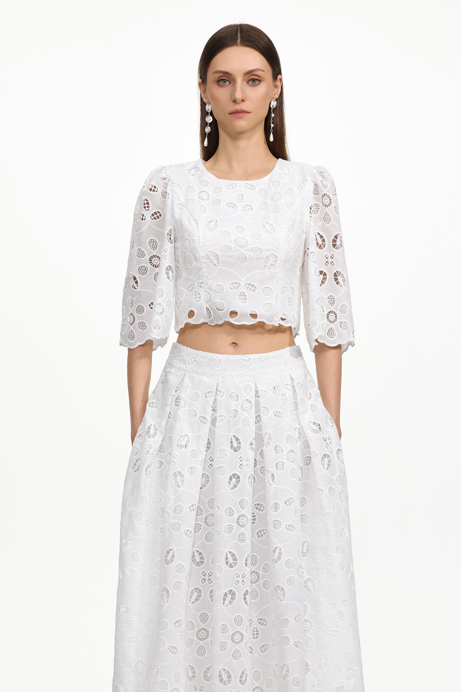 Evey Resort Flowy Round Neck Short Sleeve Cut Out Woven Top and Skirt Two Piece Set