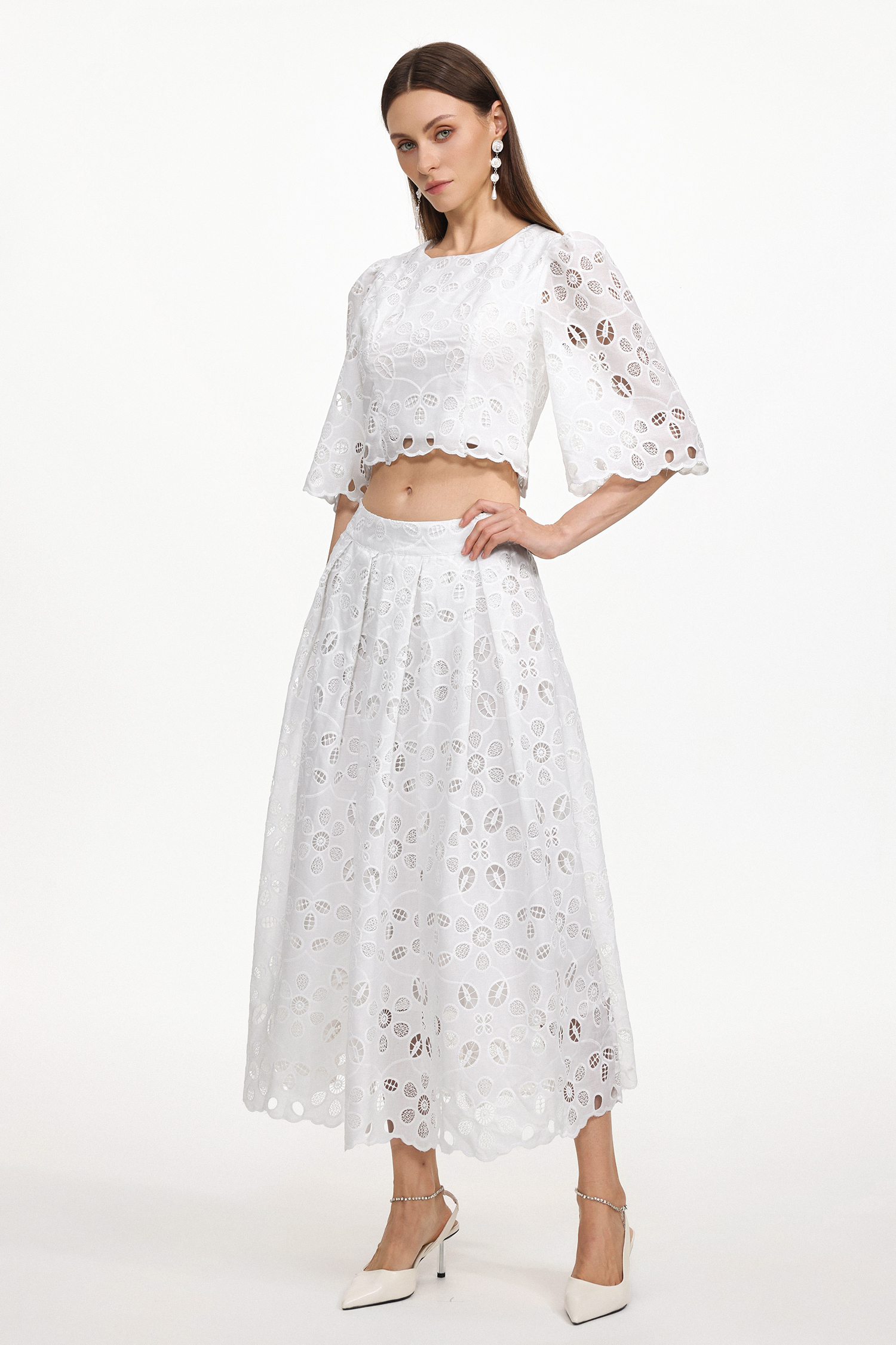 Evey Resort Flowy Round Neck Short Sleeve Cut Out Woven Top and Skirt Two Piece Set