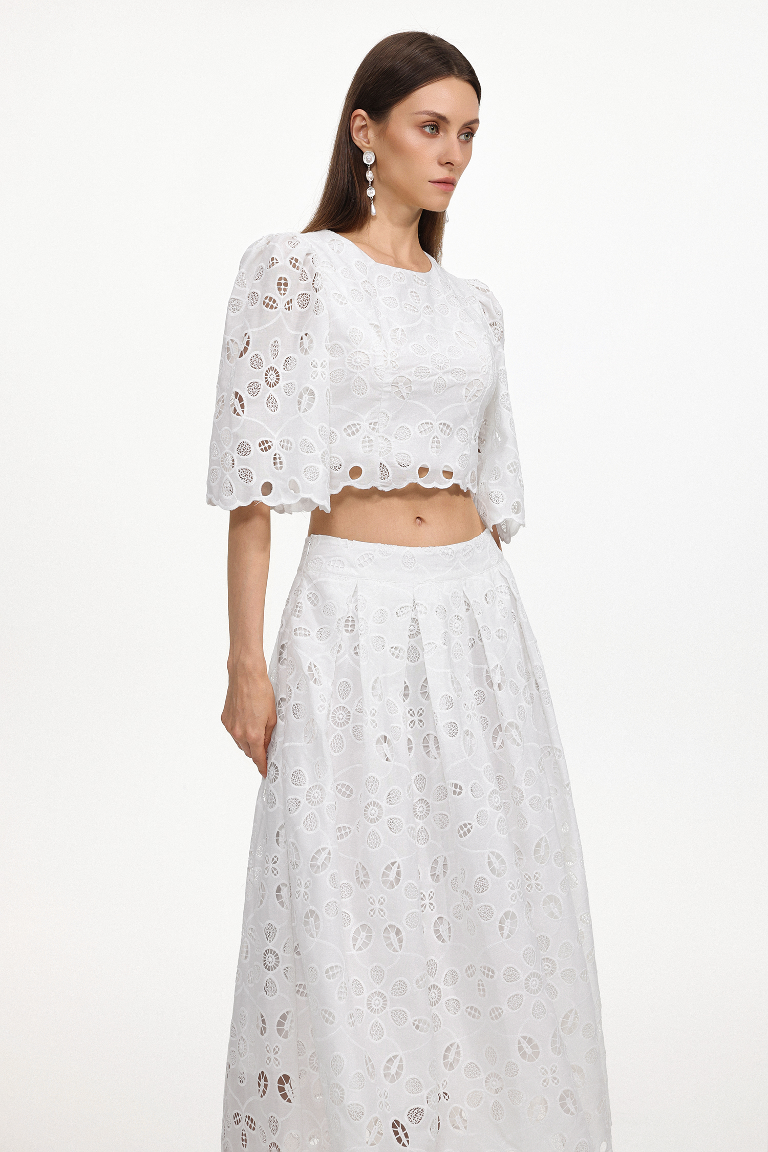 Evey Resort Flowy Round Neck Short Sleeve Cut Out Woven Top and Skirt Two Piece Set