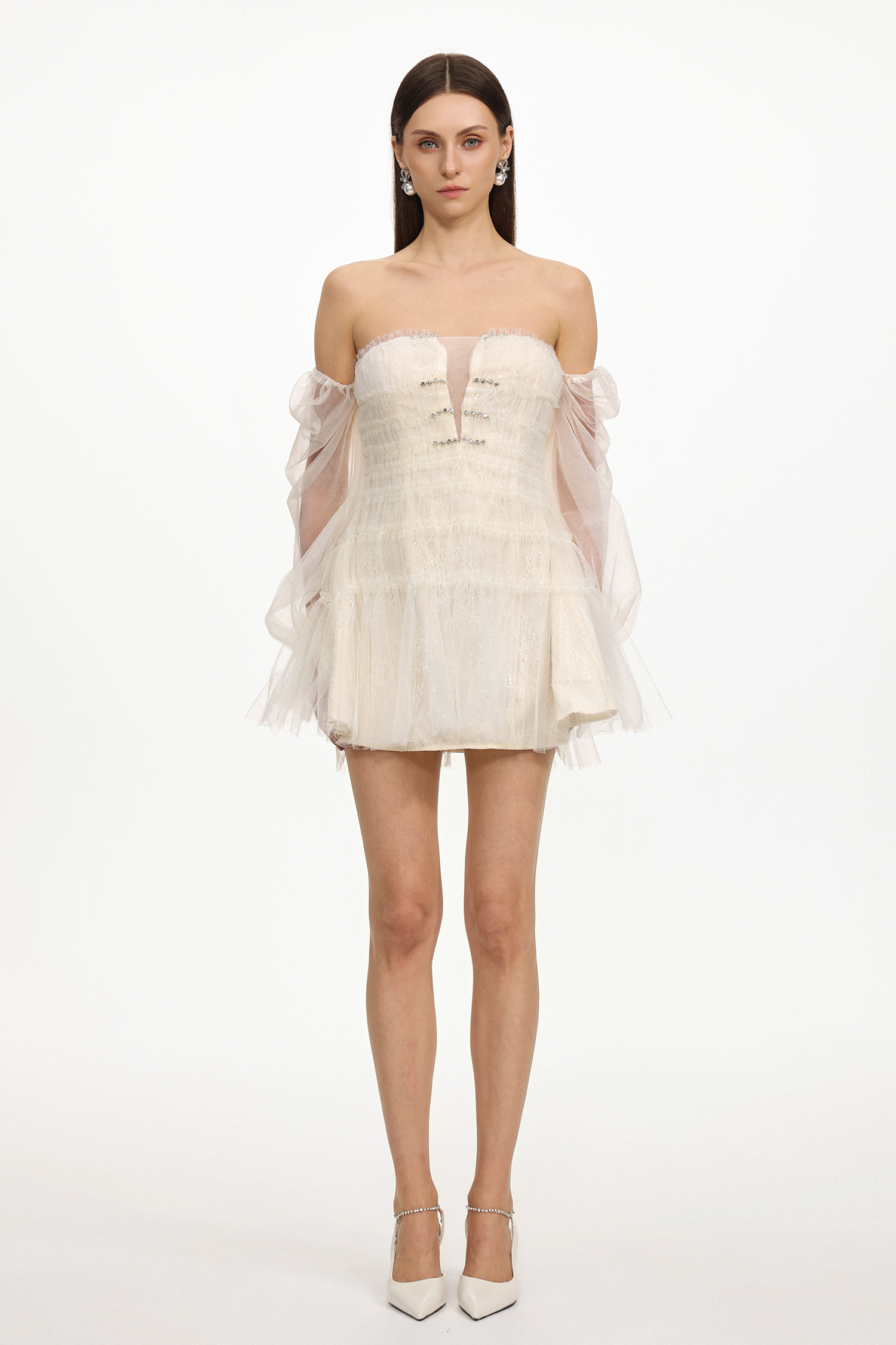 Demri Chic Flowy Sleeveless Rhinestone Ruched Woven Mini Dress
