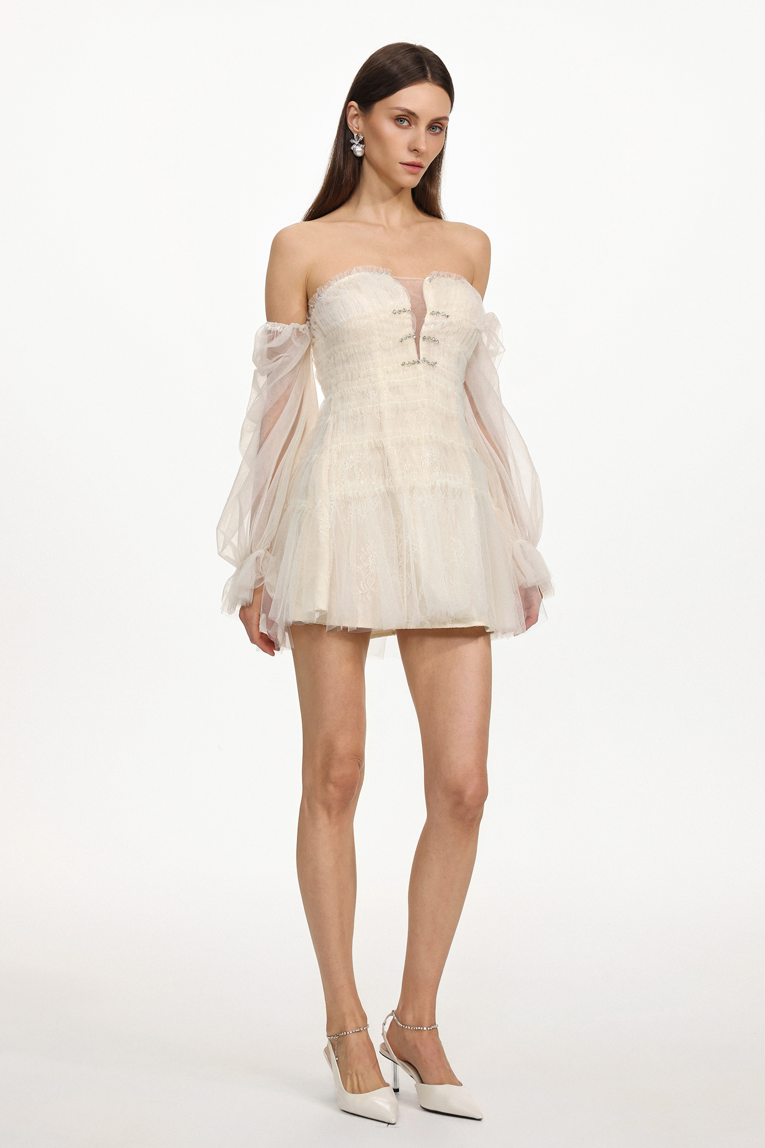 Demri Chic Flowy Sleeveless Rhinestone Ruched Woven Mini Dress