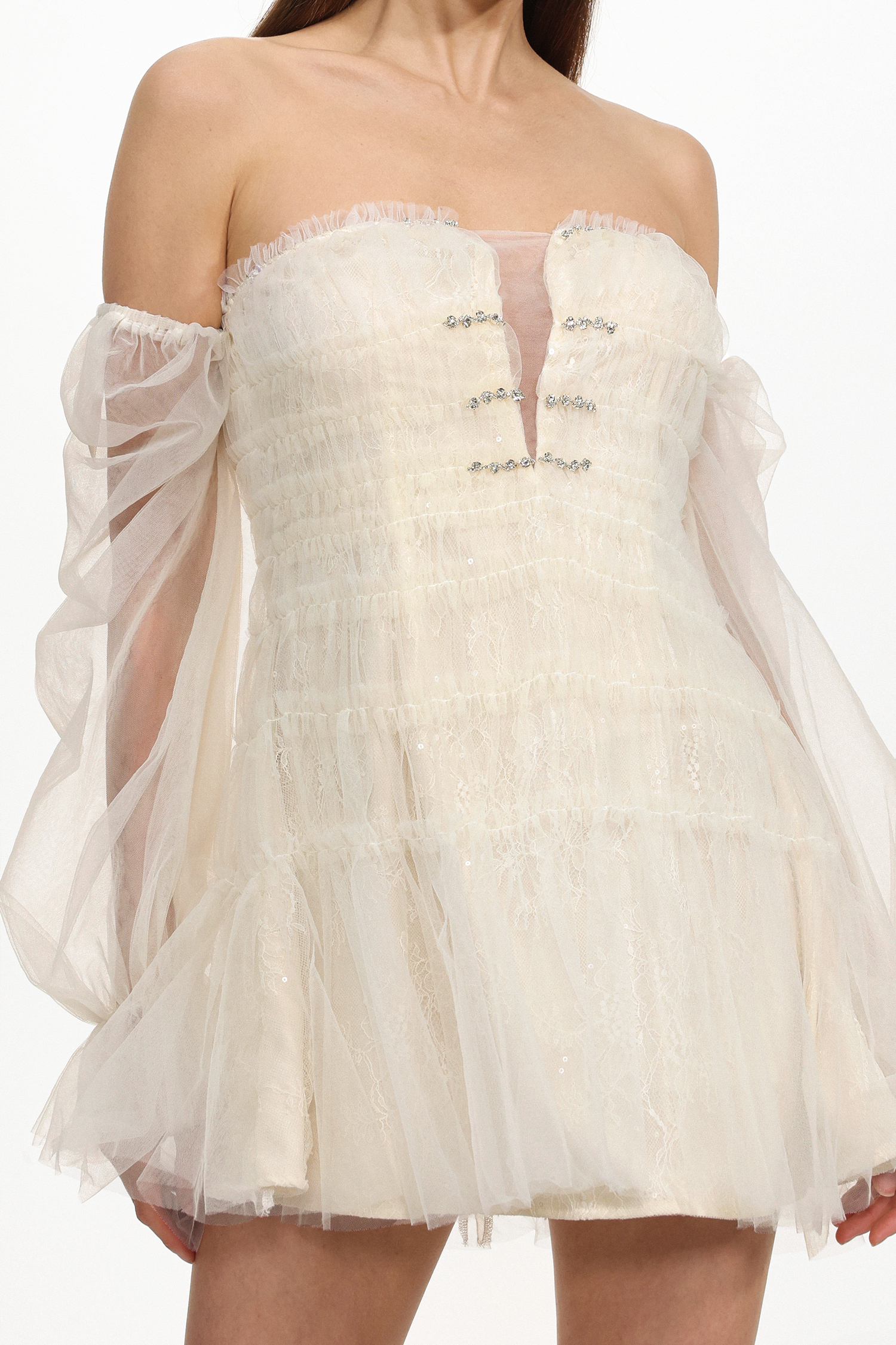 Demri Chic Flowy Sleeveless Rhinestone Ruched Woven Mini Dress