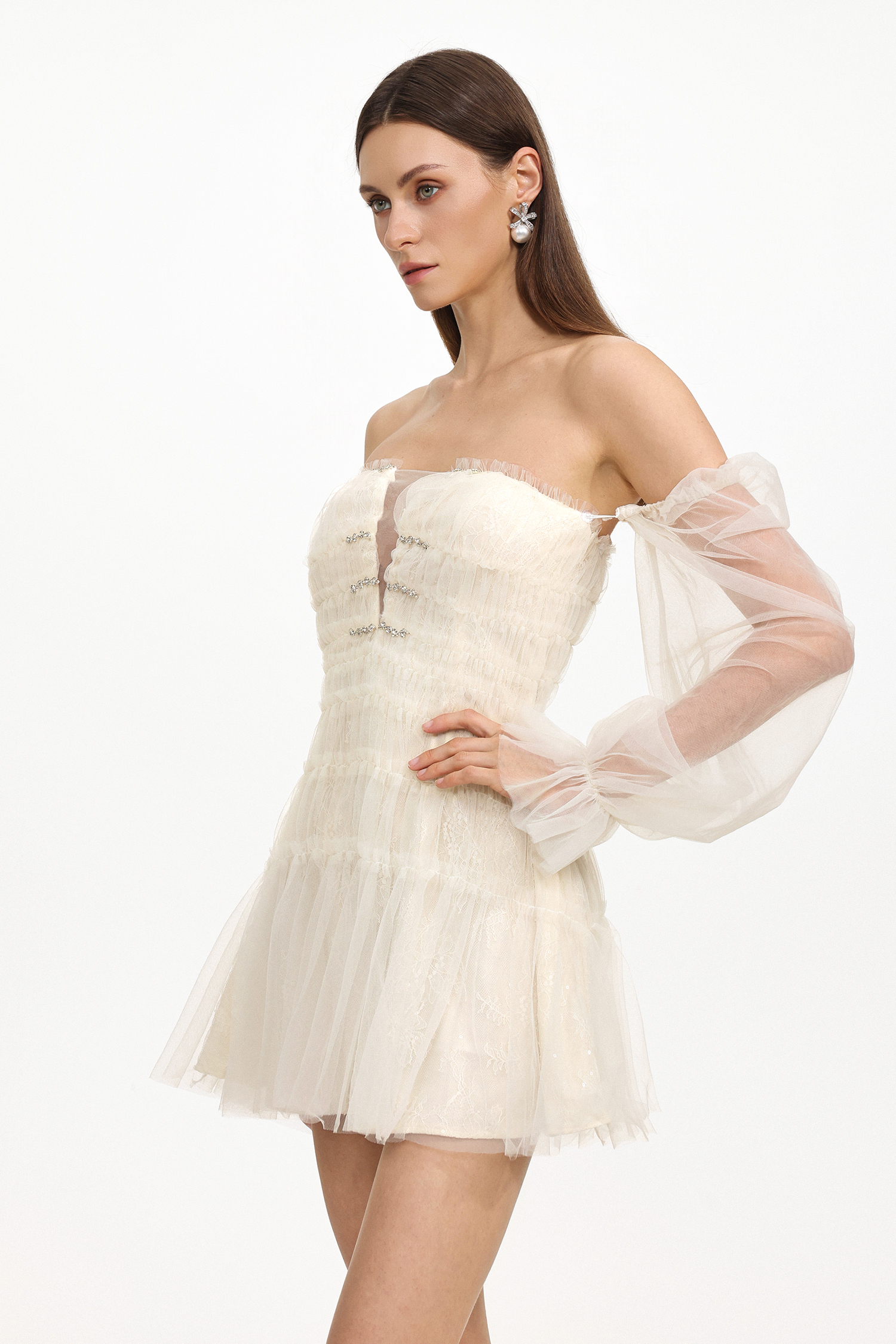 Demri Chic Flowy Sleeveless Rhinestone Ruched Woven Mini Dress