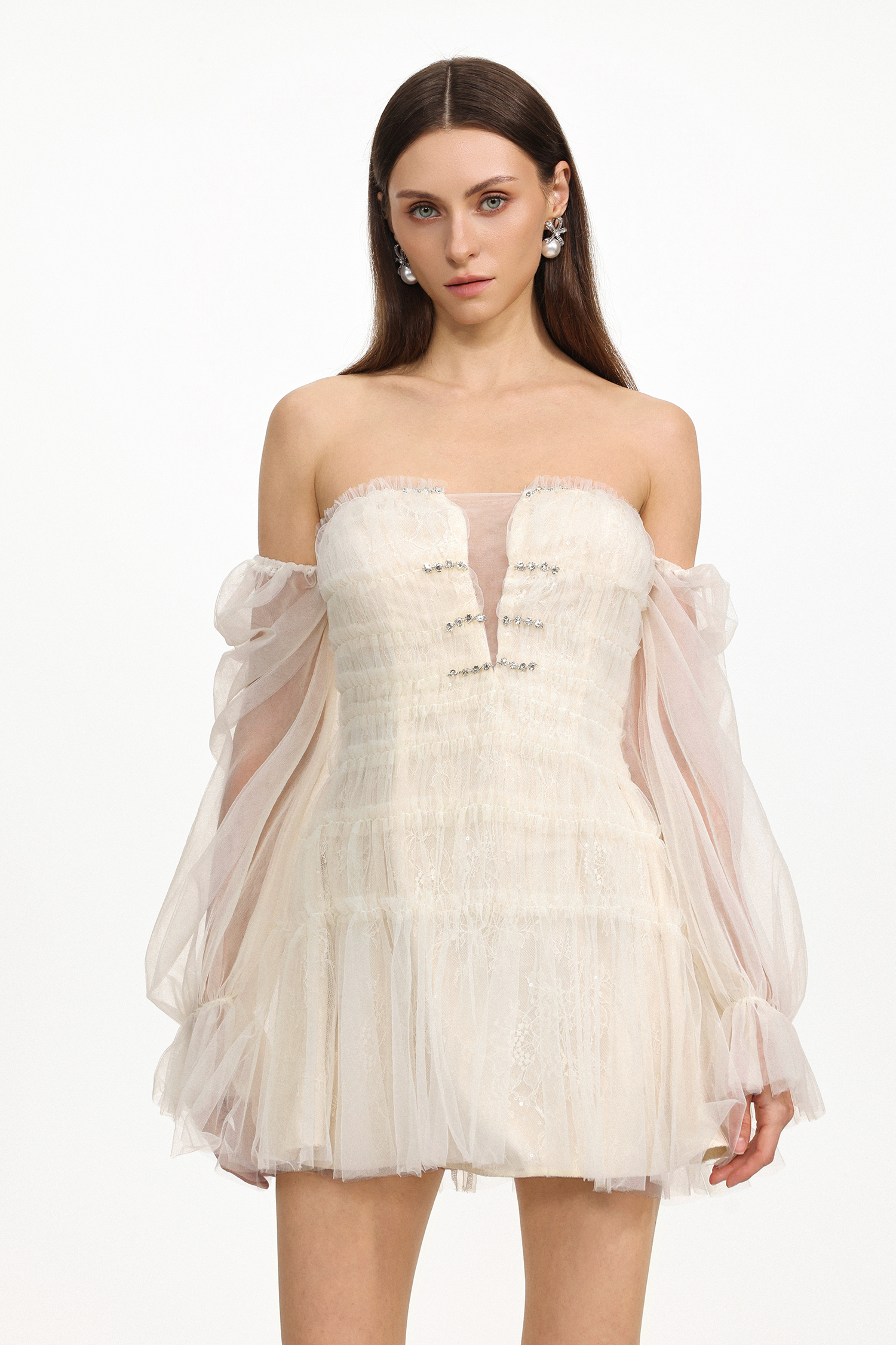 Demri Chic Flowy Sleeveless Rhinestone Ruched Woven Mini Dress