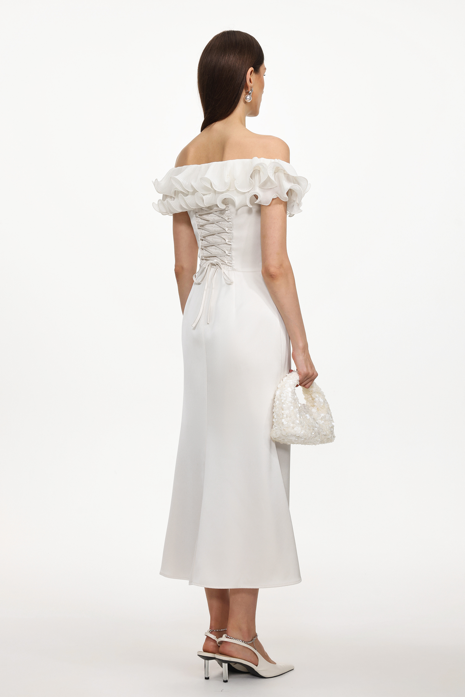 Juno Elegant Tailored Off Shoulder Ruched Ruffle Maxi Dress