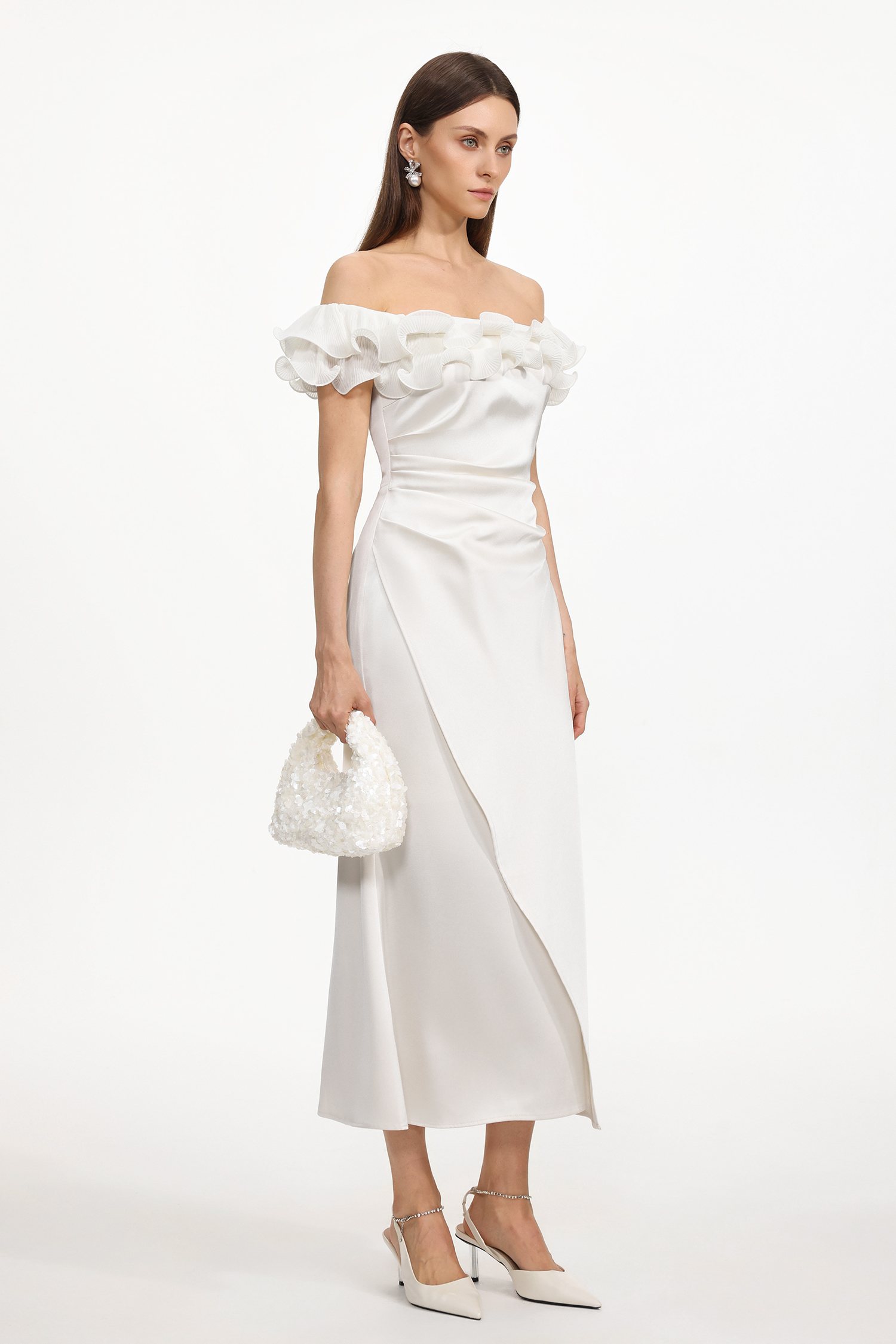 Juno Elegant Tailored Off Shoulder Ruched Ruffle Maxi Dress