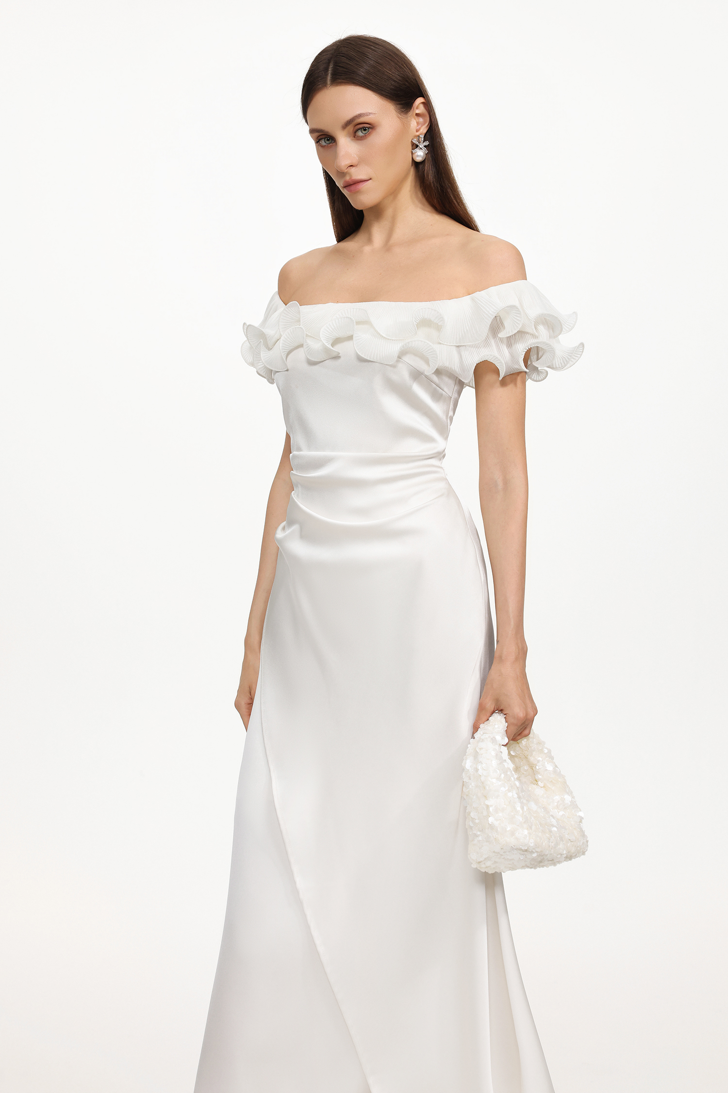 Juno Elegant Tailored Off Shoulder Ruched Ruffle Maxi Dress