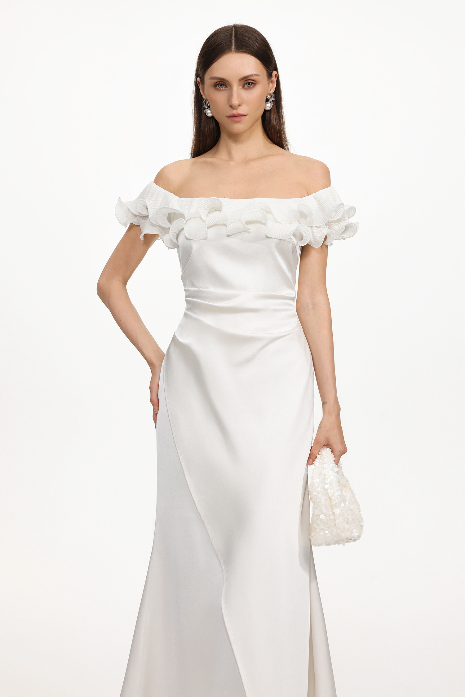 Juno Elegant Tailored Off Shoulder Ruched Ruffle Maxi Dress