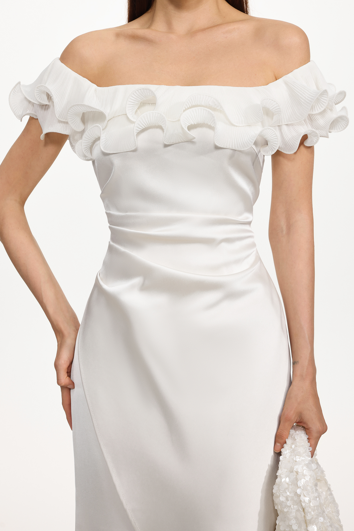Juno Elegant Tailored Off Shoulder Ruched Ruffle Maxi Dress