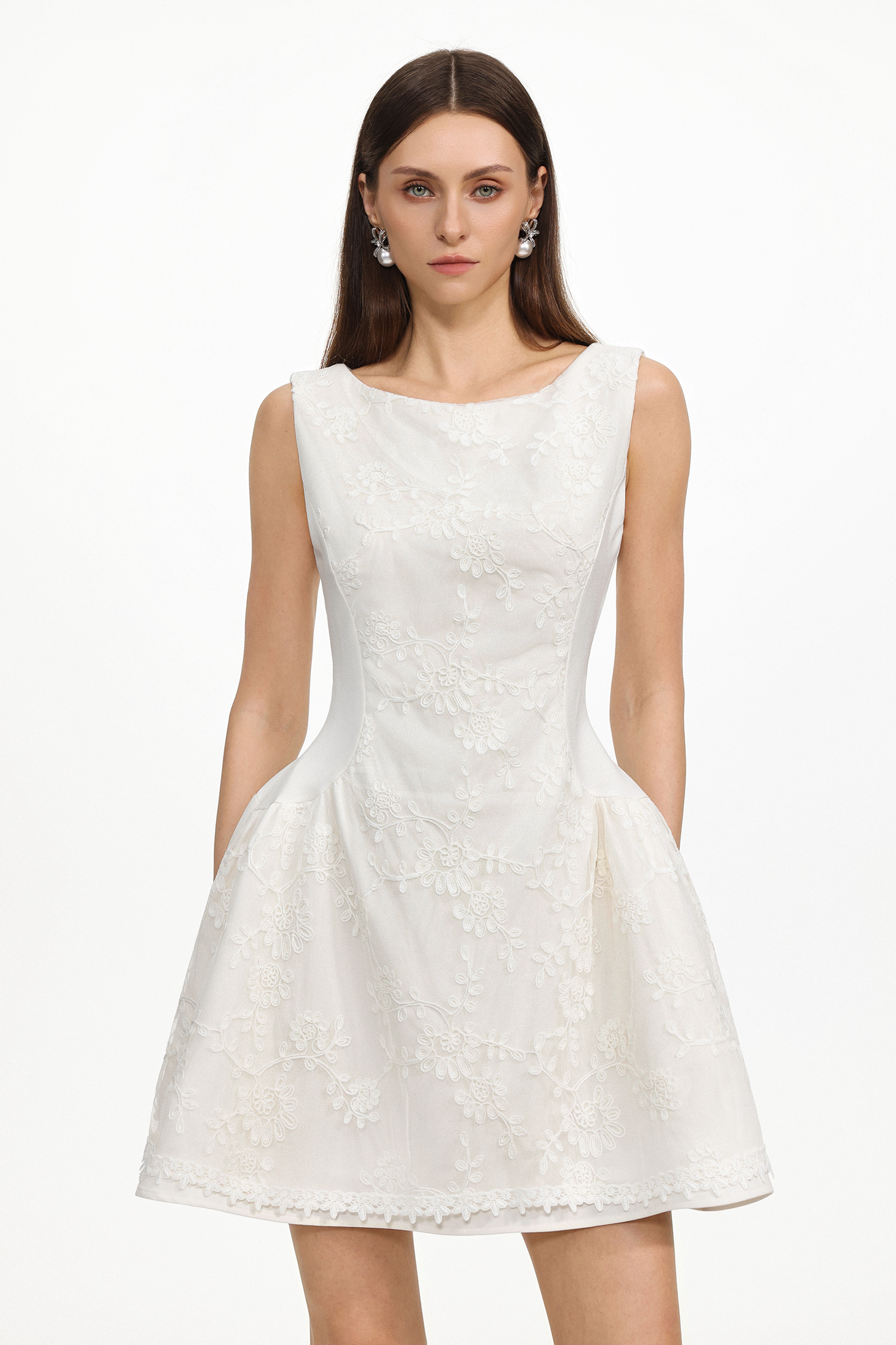 Jennifer Elegant Tailored Sleeveless Embroidered Floral Woven Mini Dress