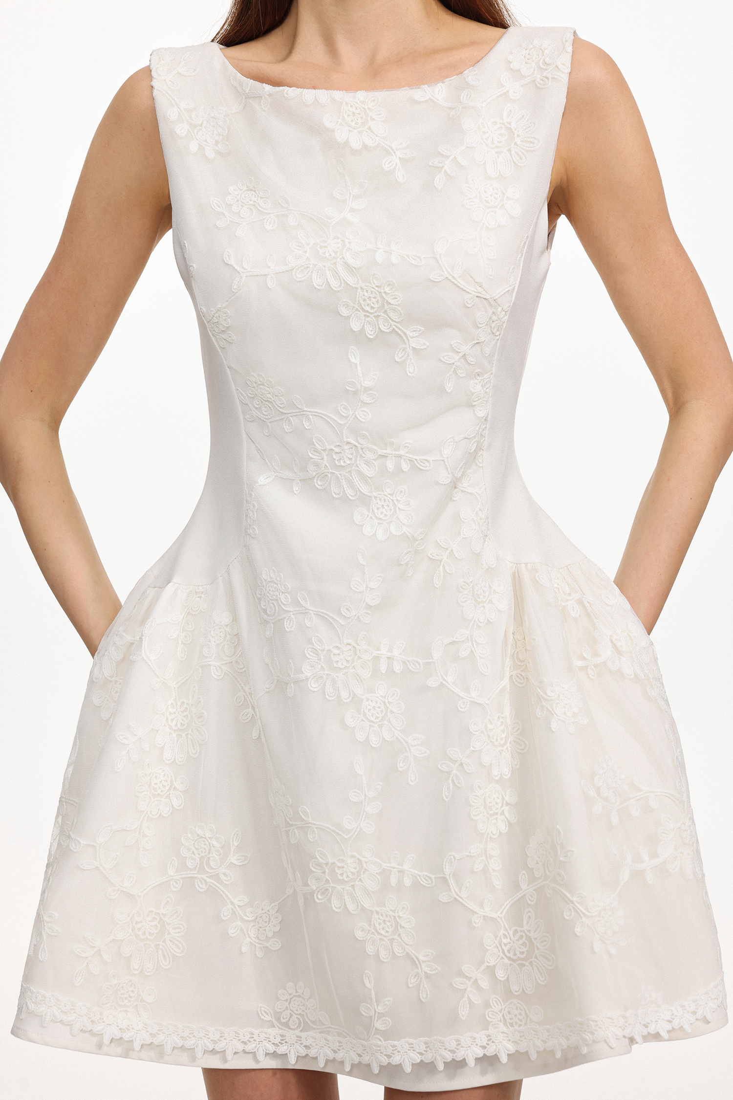 Jennifer Elegant Tailored Sleeveless Embroidered Floral Woven Mini Dress