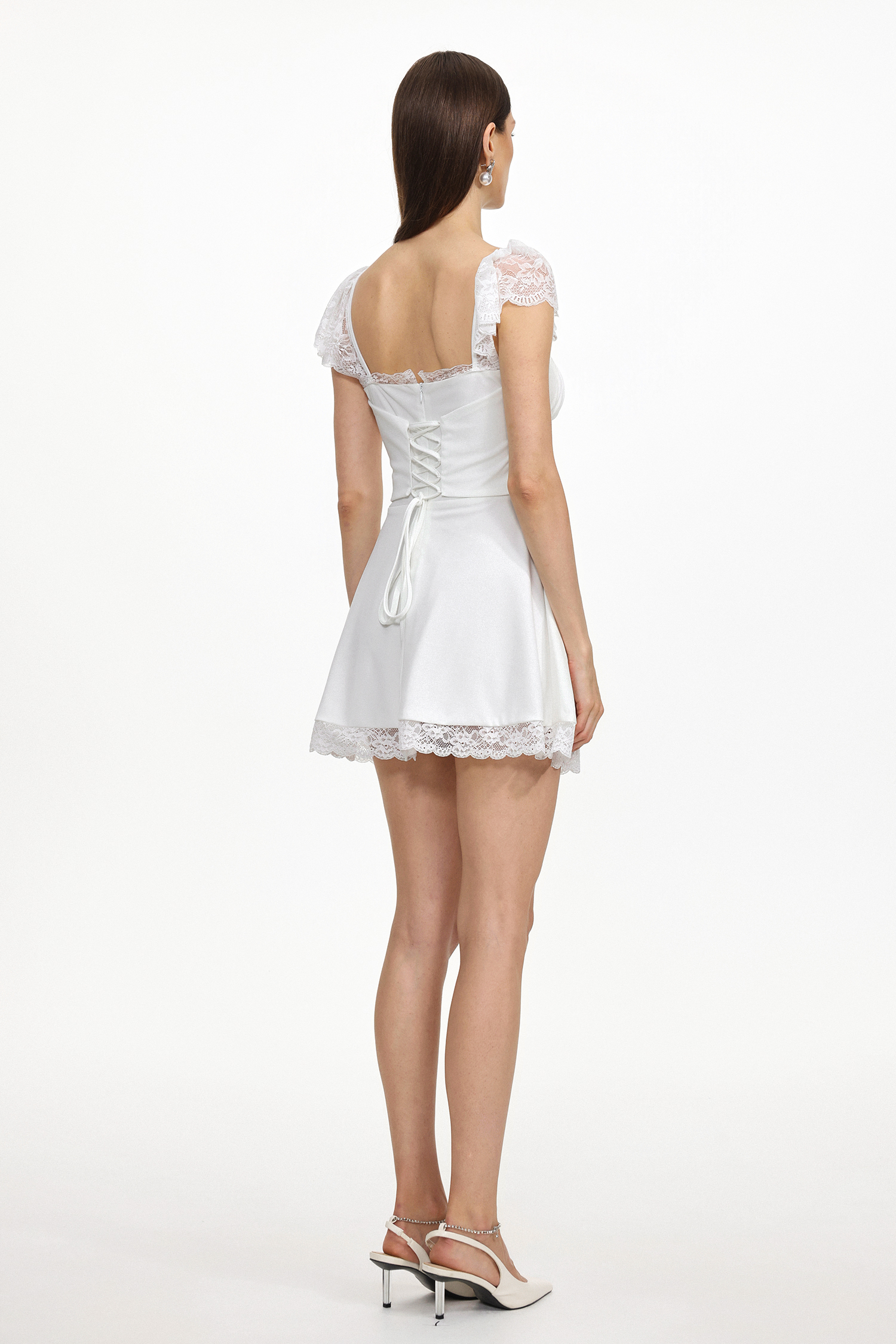 Mikko Resort Cinched Sleeveless Ruched Lace Detailing Knit Mini Dress