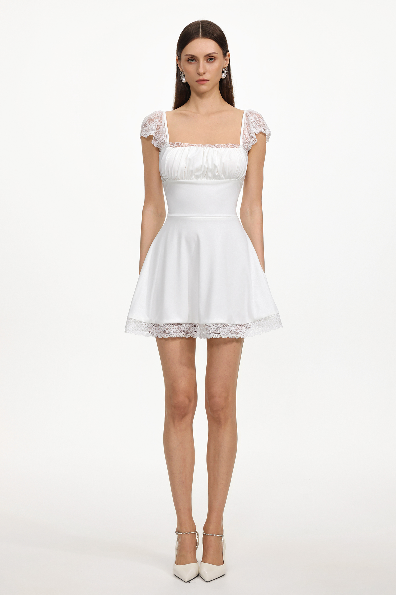 Mikko Resort Cinched Sleeveless Ruched Lace Detailing Knit Mini Dress