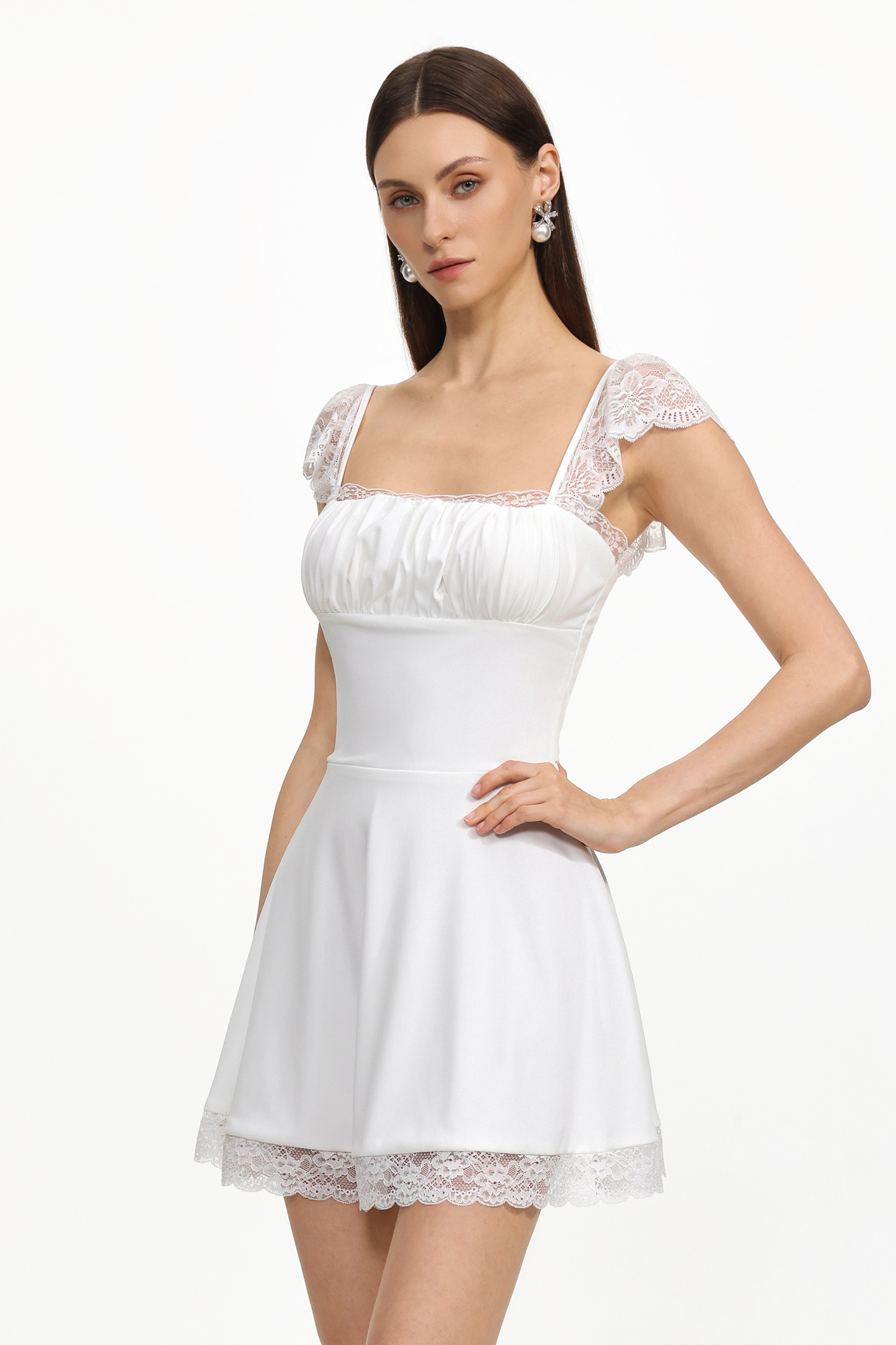 Mikko Resort Cinched Sleeveless Ruched Lace Detailing Knit Mini Dress