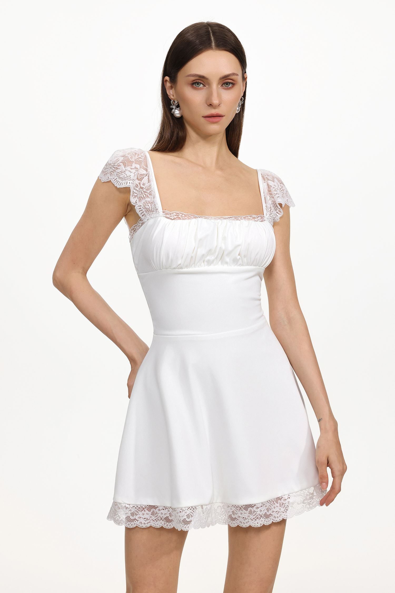 Mikko Resort Cinched Sleeveless Ruched Lace Detailing Knit Mini Dress