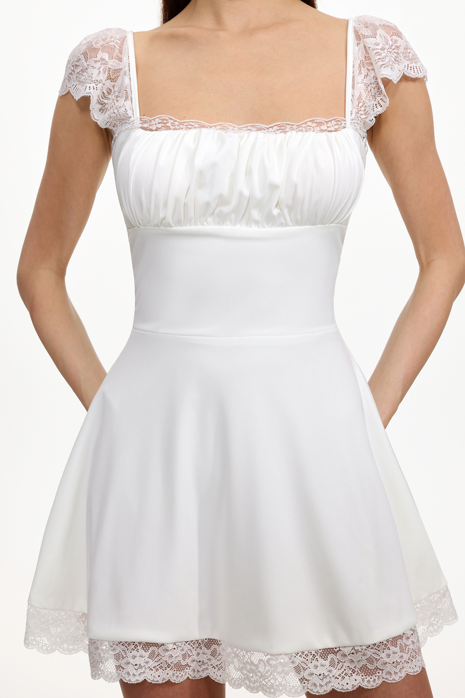 Mikko Resort Cinched Sleeveless Ruched Lace Detailing Knit Mini Dress