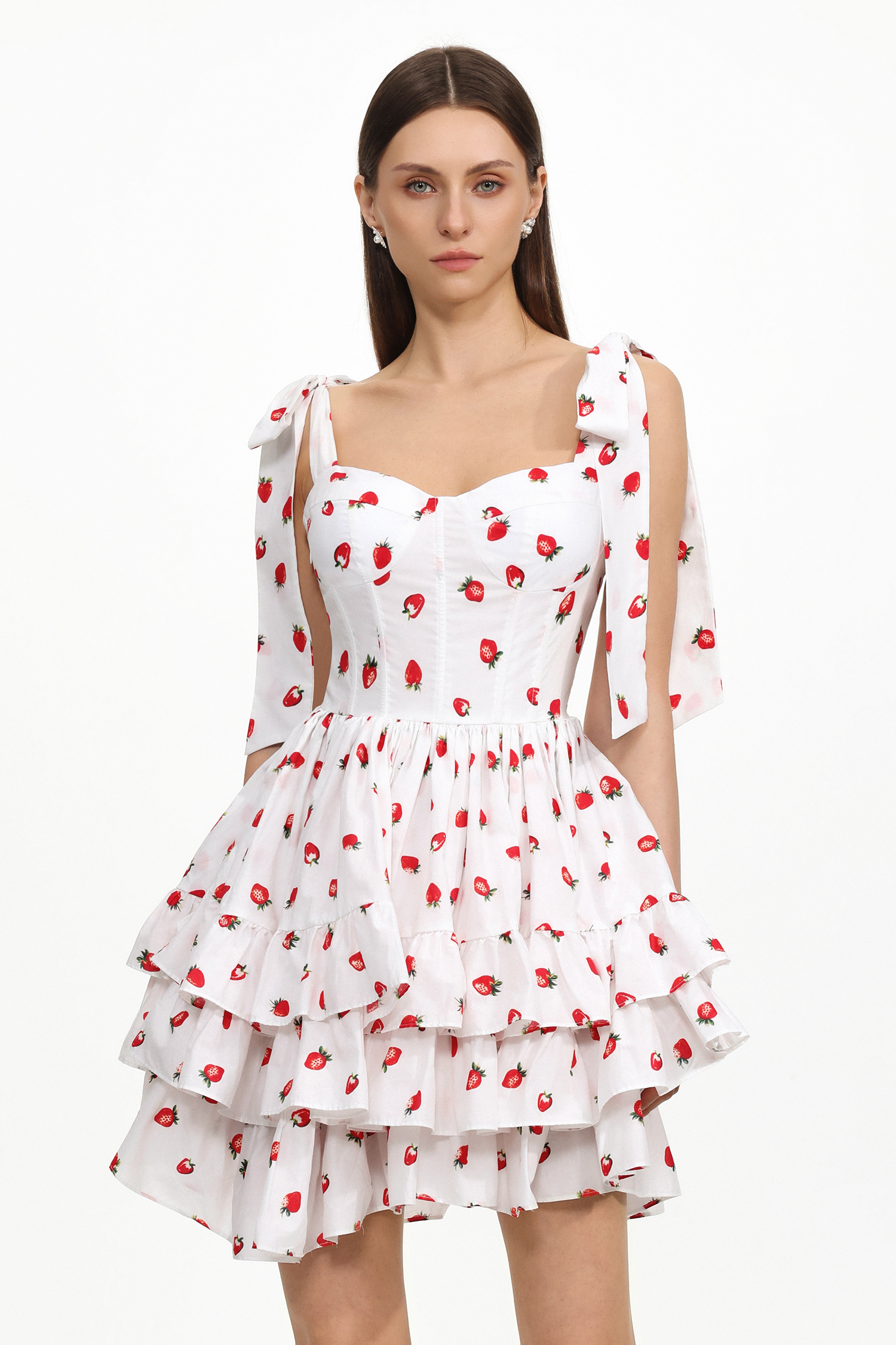 Zaha Chic Tailored Sleeveless Ruffle Strawberry Print Woven Mini Dress