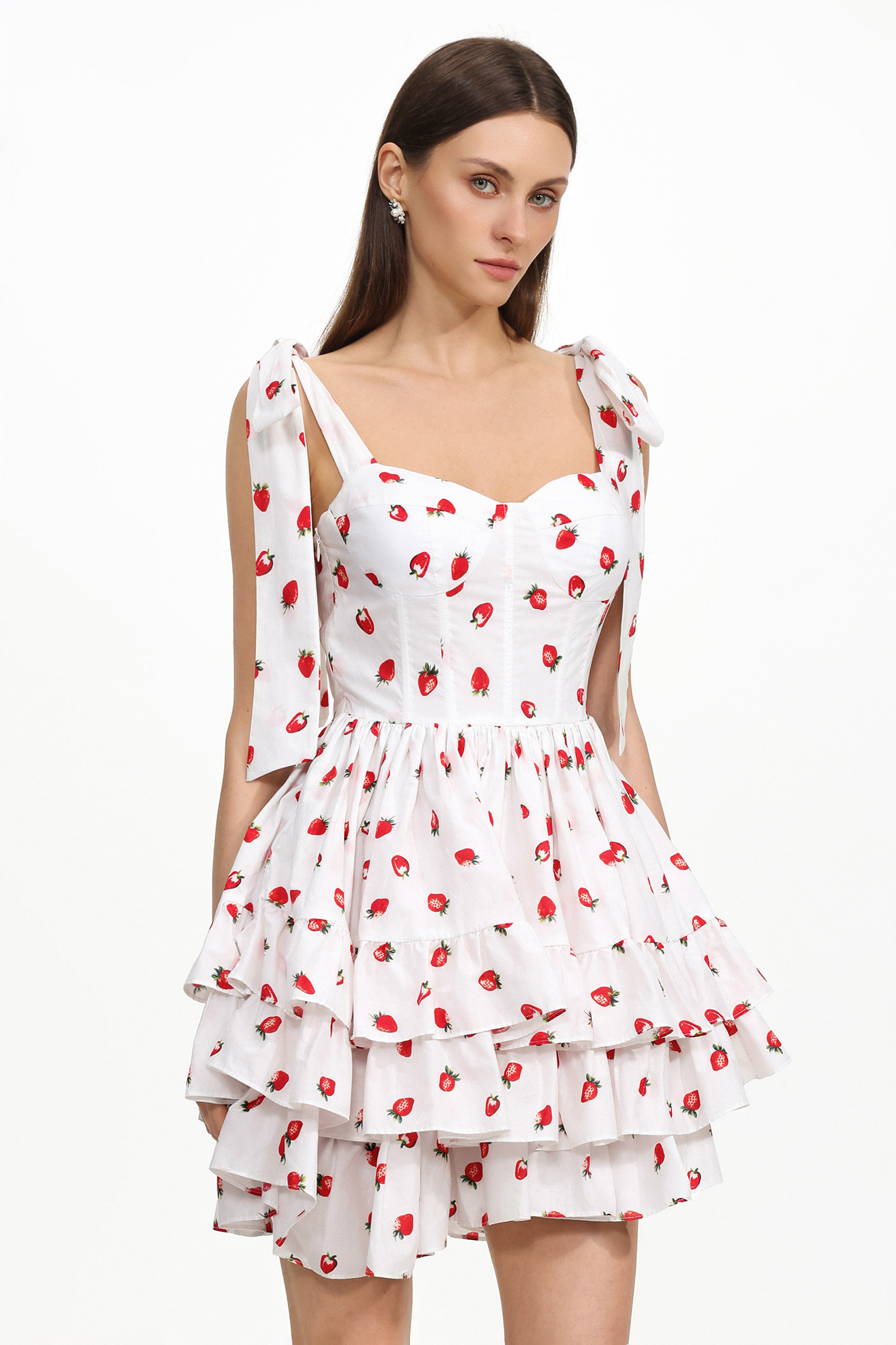 Zaha Chic Tailored Sleeveless Ruffle Strawberry Print Woven Mini Dress