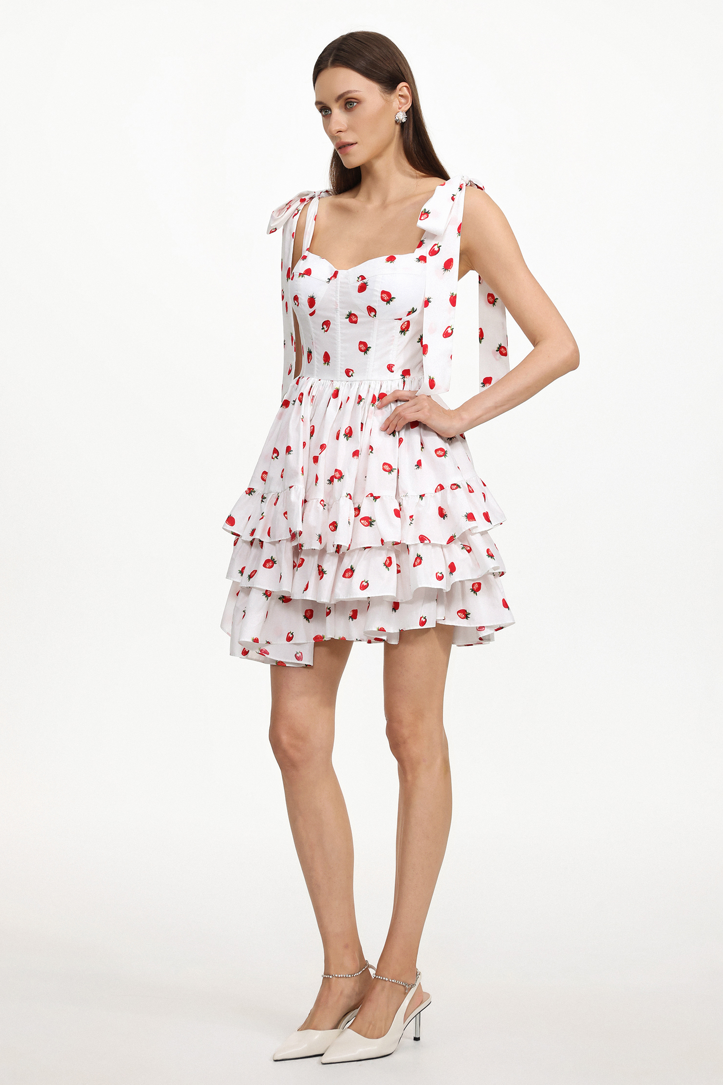 Zaha Chic Tailored Sleeveless Ruffle Strawberry Print Woven Mini Dress