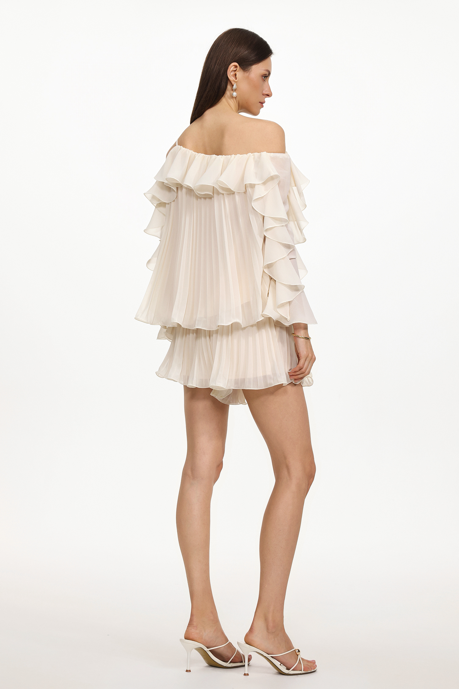 Henlina Resort Flowy Off Shoulder Pleated Ruffle Chiffon Top and Shorts Two Piece Set